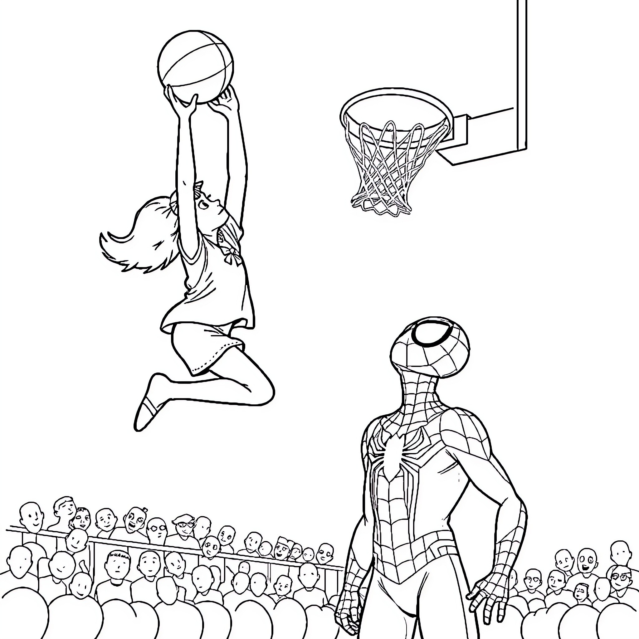 Tina's basketball triumph and superhero spectacle Coloring Page (free black-and-white line drawing printable PDF for all, from beginners to advanced learners, including children, teens, adults, and seniors)