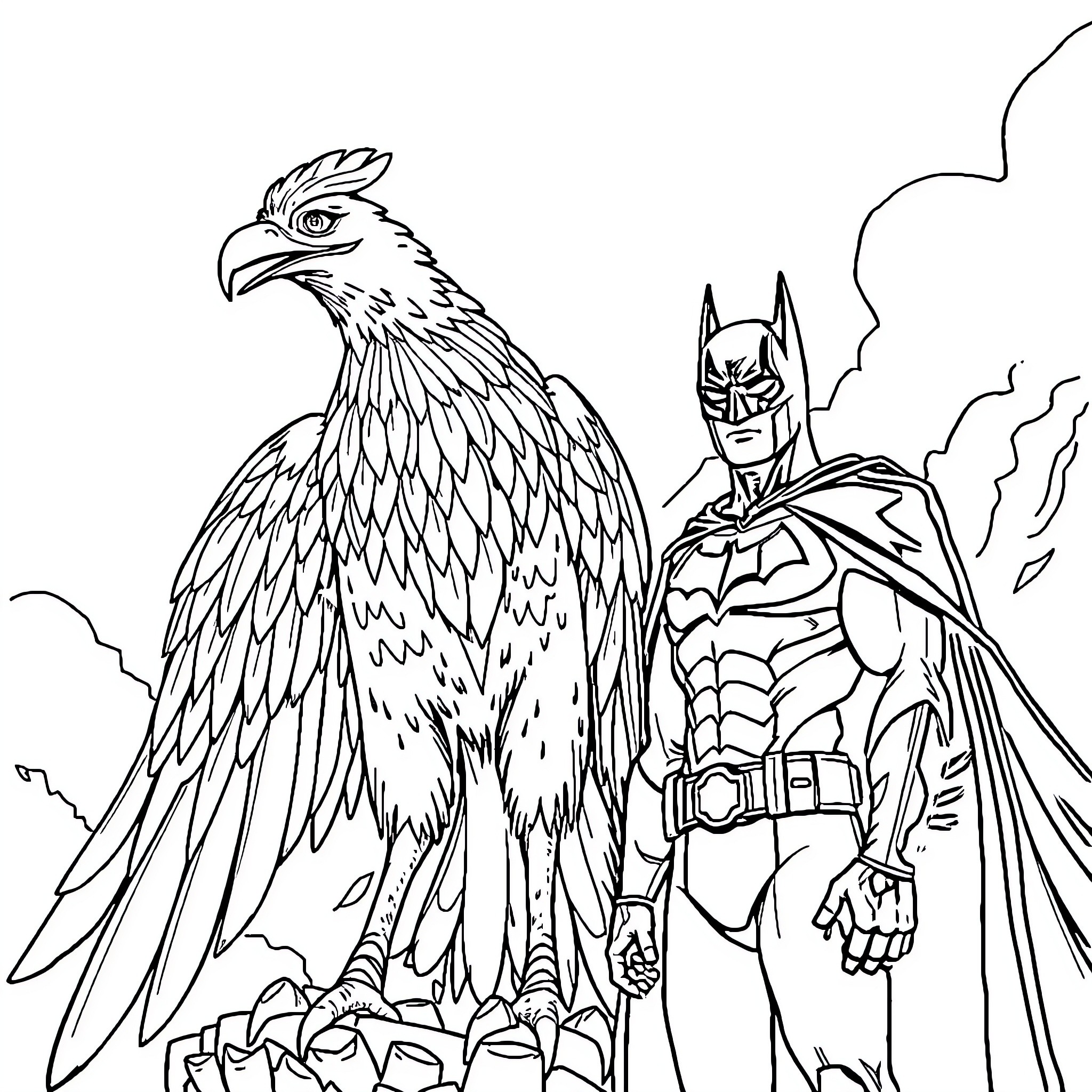 Garuda and the Caped Crusader: A Legendary Encounter Coloring Page (free black-and-white line drawing printable PDF for all, from beginners to advanced learners, including children, teens, adults, and seniors)