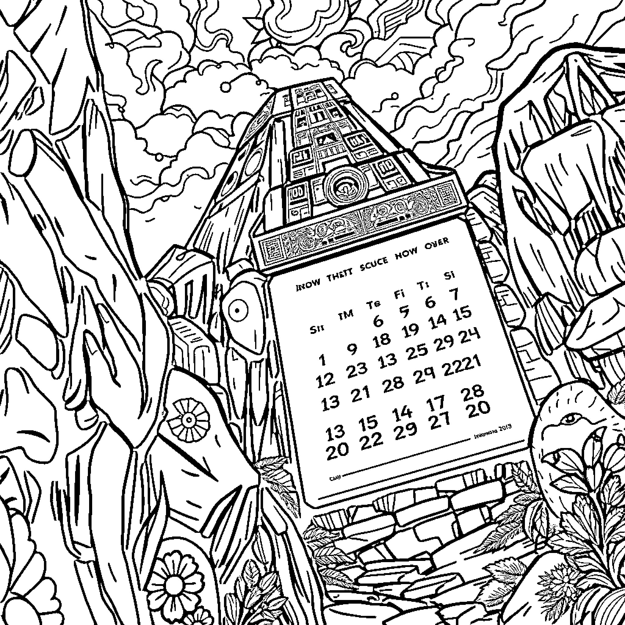 Aztec Calendar with Intricate Designs and Celestial Elements Coloring Page (free black-and-white line drawing printable PDF for all, from beginners to advanced learners, including children, teens, adults, and seniors)