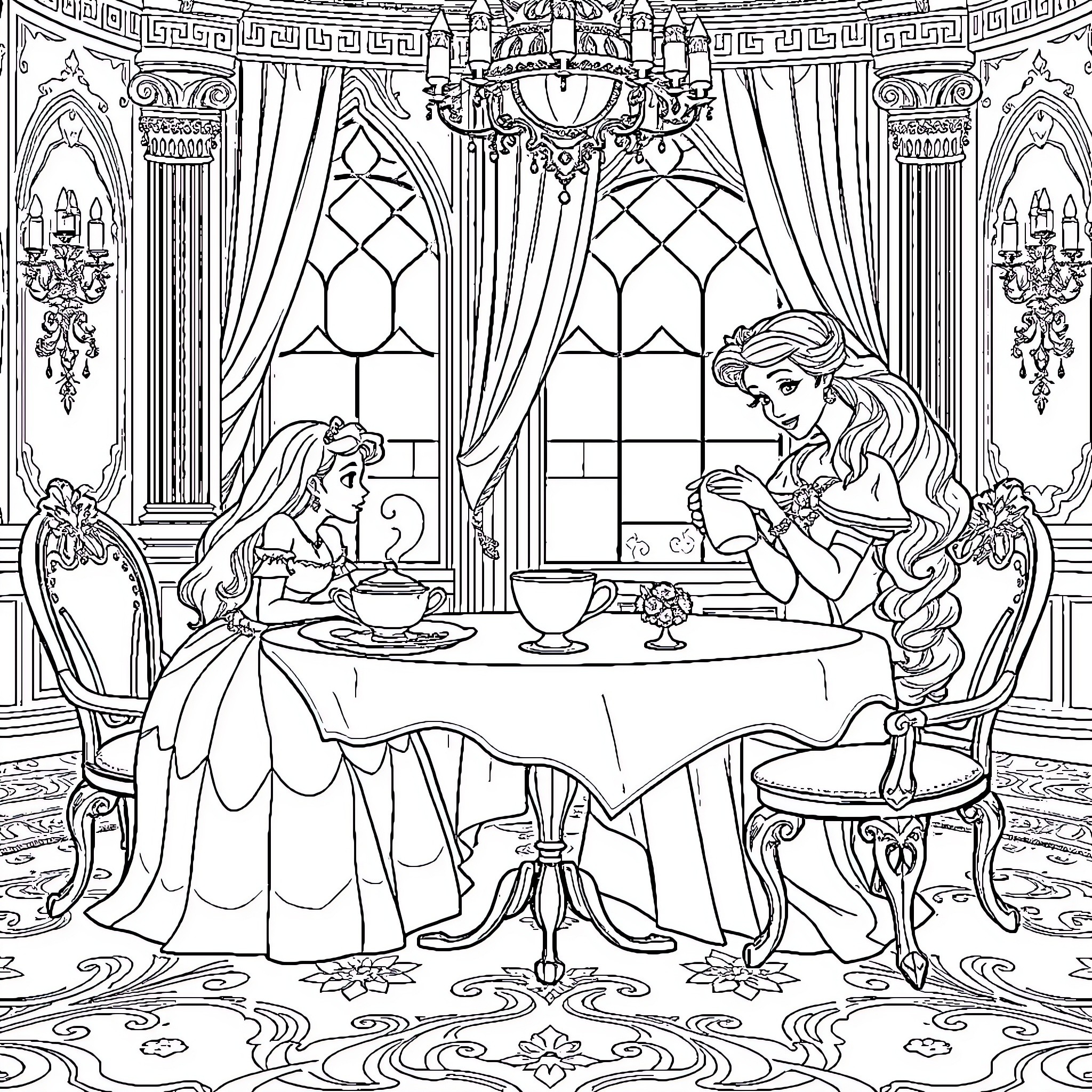 Princess Enjoying a Formal Tea Party with Friends Coloring Page (free black-and-white line drawing printable PDF for all, from beginners to advanced learners, including children, teens, adults, and seniors)