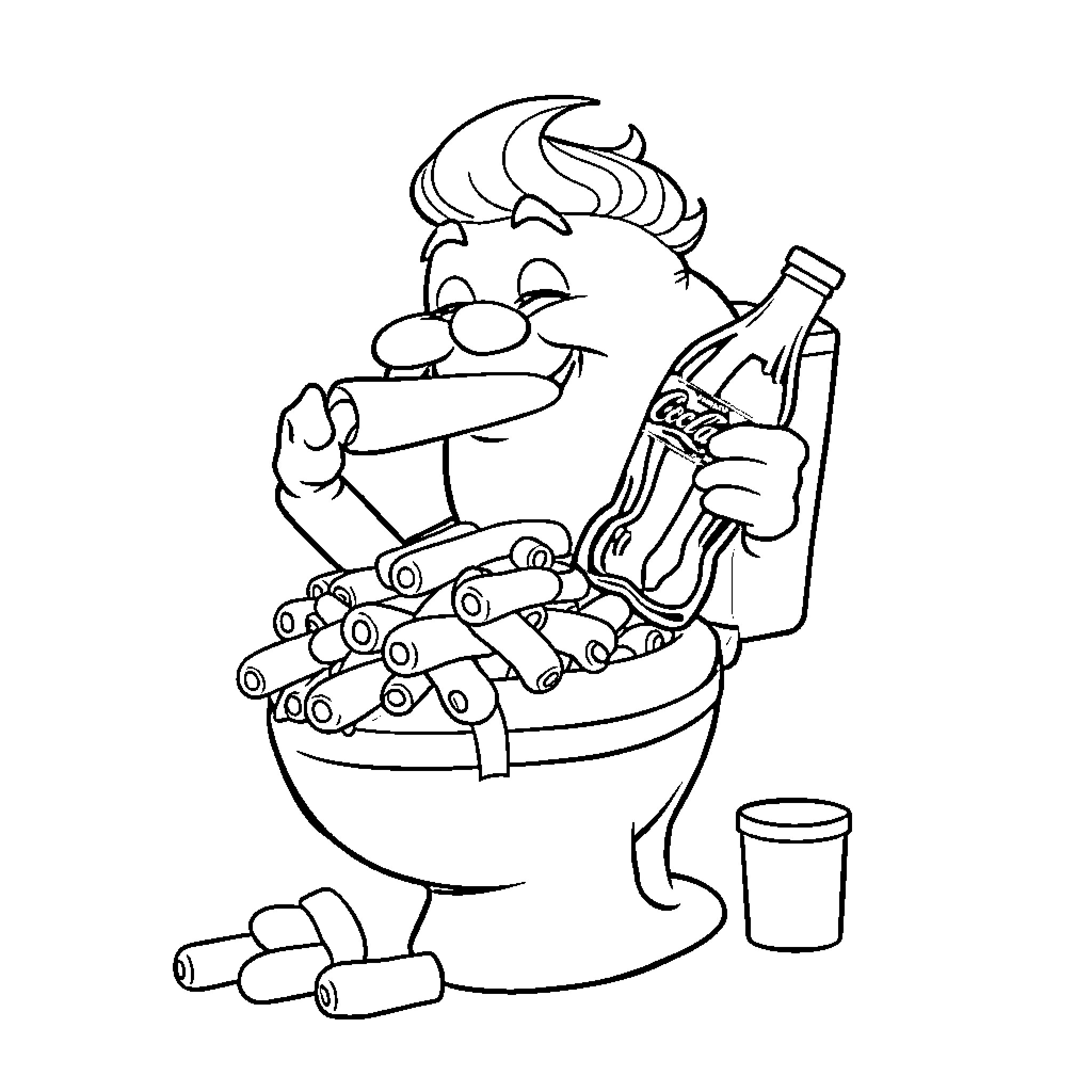 Skibidi Toilet: Humorous Character Sitting on Toilet Coloring Page (free black-and-white line drawing printable PDF for all, from beginners to advanced learners, including children, teens, adults, and seniors)