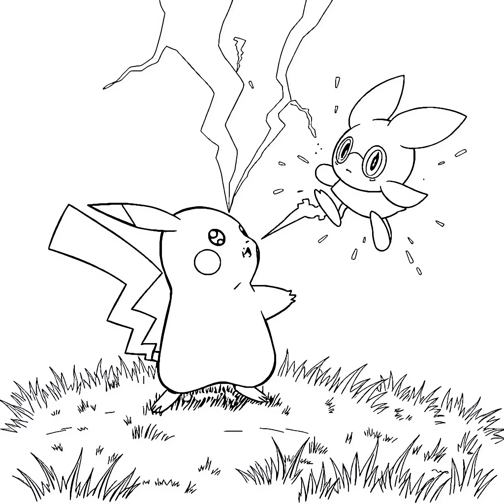 Pikachu surprised by a mischievous Pikachu in the grass Coloring Page (free black-and-white line drawing printable PDF for all, from beginners to advanced learners, including children, teens, adults, and seniors)
