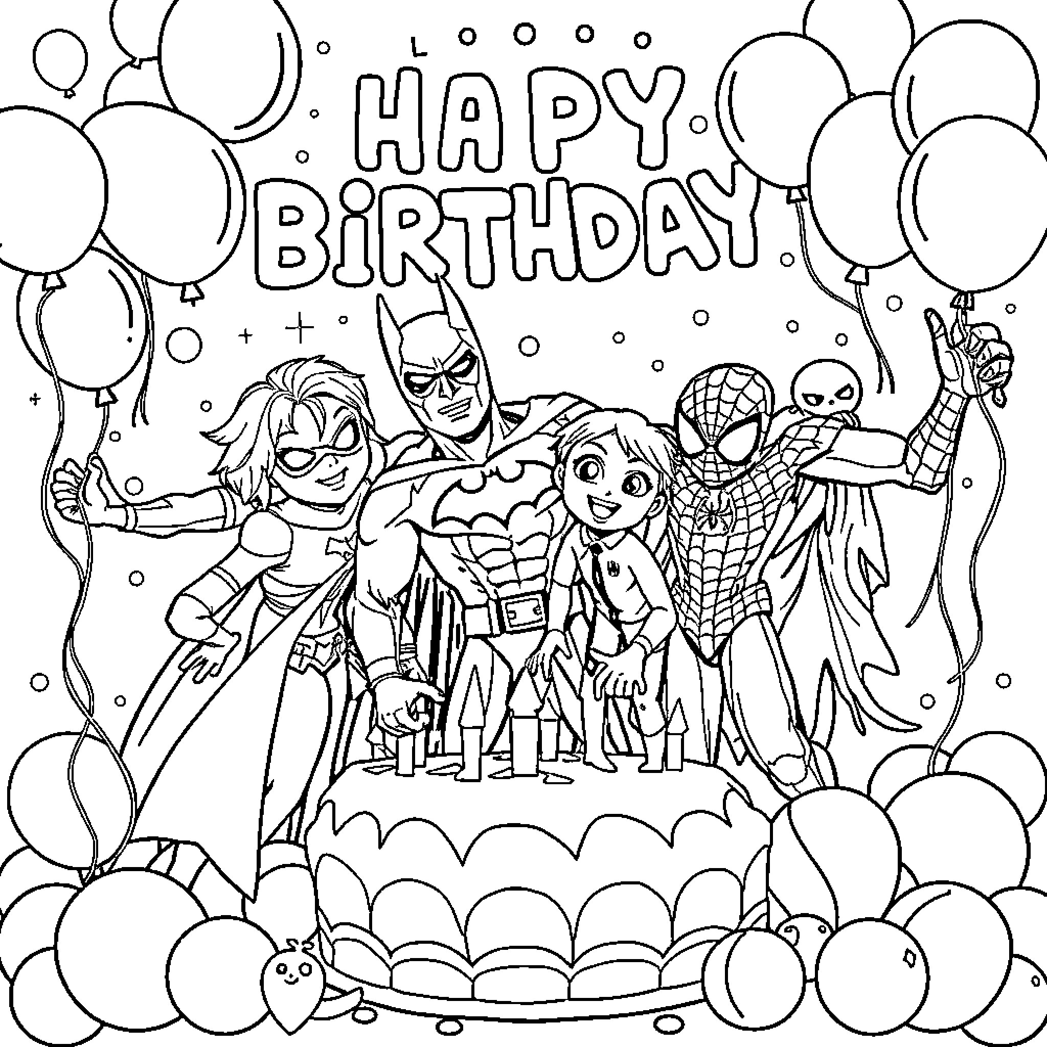 Superhero Friends Celebrating Happy Birthday Together Coloring Page (free black-and-white line drawing printable PDF for all, from beginners to advanced learners, including children, teens, adults, and seniors)
