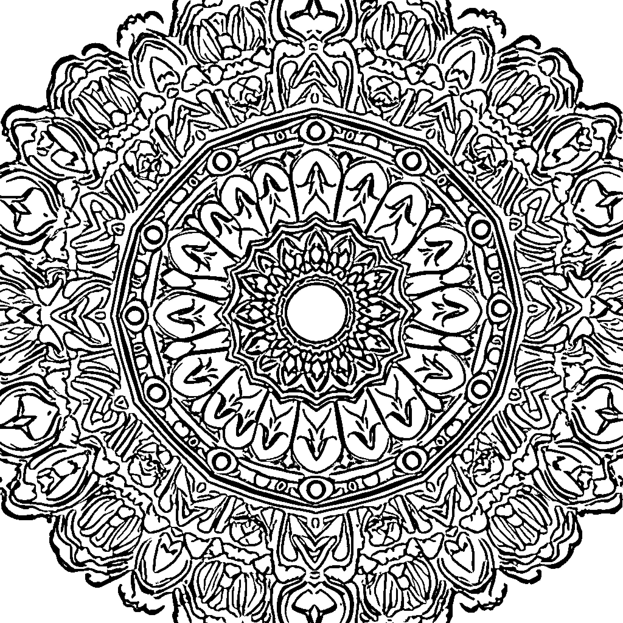 Mandala of intricate floral patterns and symmetrical designs Coloring Page (free black-and-white line drawing printable PDF for all, from beginners to advanced learners, including children, teens, adults, and seniors)