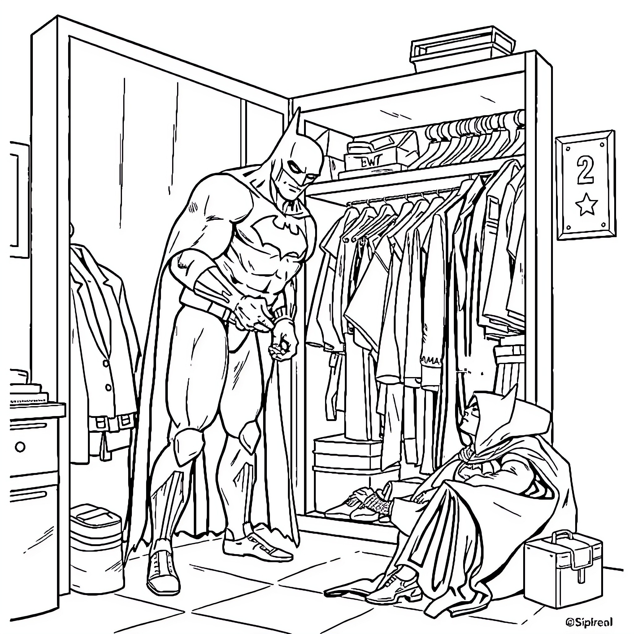 Batman dressing up in his costume in a messy room Coloring Page (free black-and-white line drawing printable PDF for all, from beginners to advanced learners, including children, teens, adults, and seniors)
