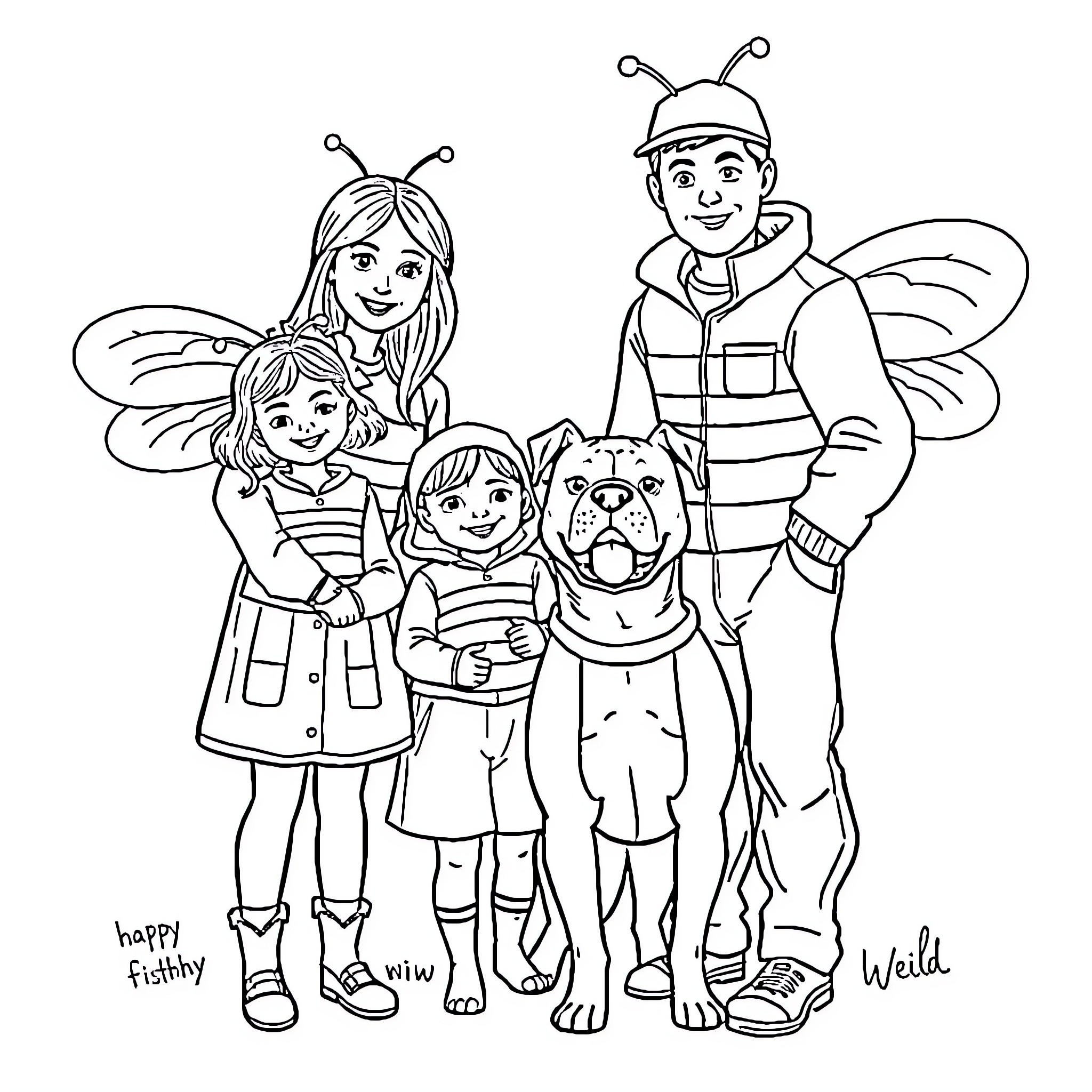 Family dressing up as insects for Halloween Coloring Page (free black-and-white line drawing printable PDF for all, from beginners to advanced learners, including children, teens, adults, and seniors)