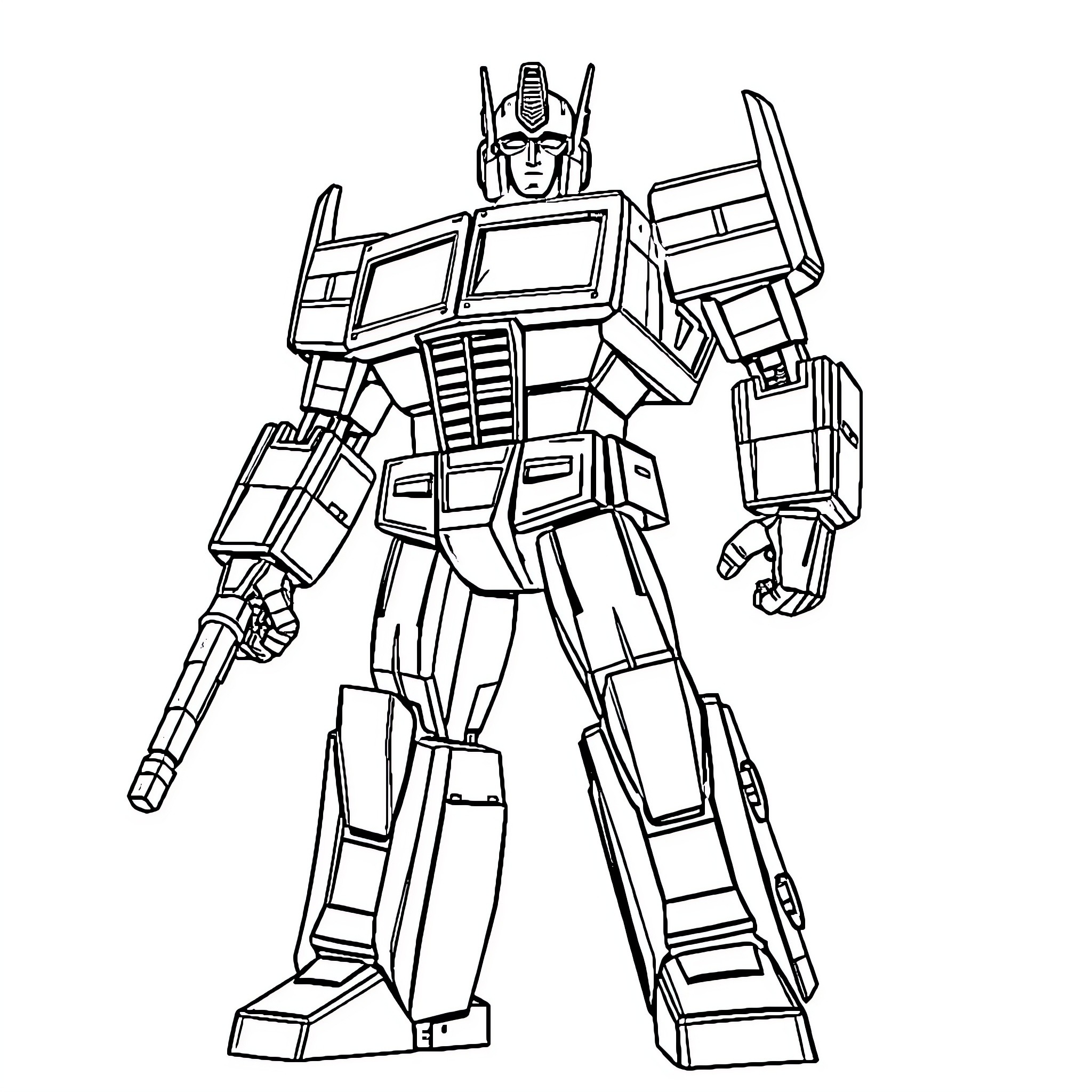 Optimus Prime standing in heroic pose Coloring Page (free black-and-white line drawing printable PDF for all, from beginners to advanced learners, including children, teens, adults, and seniors)