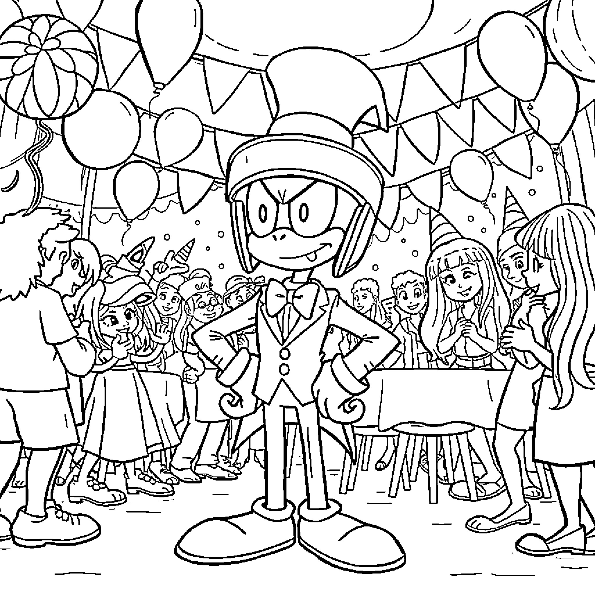 Marvin celebrates with friends at a party Coloring Page (free black-and-white line drawing printable PDF for all, from beginners to advanced learners, including children, teens, adults, and seniors)