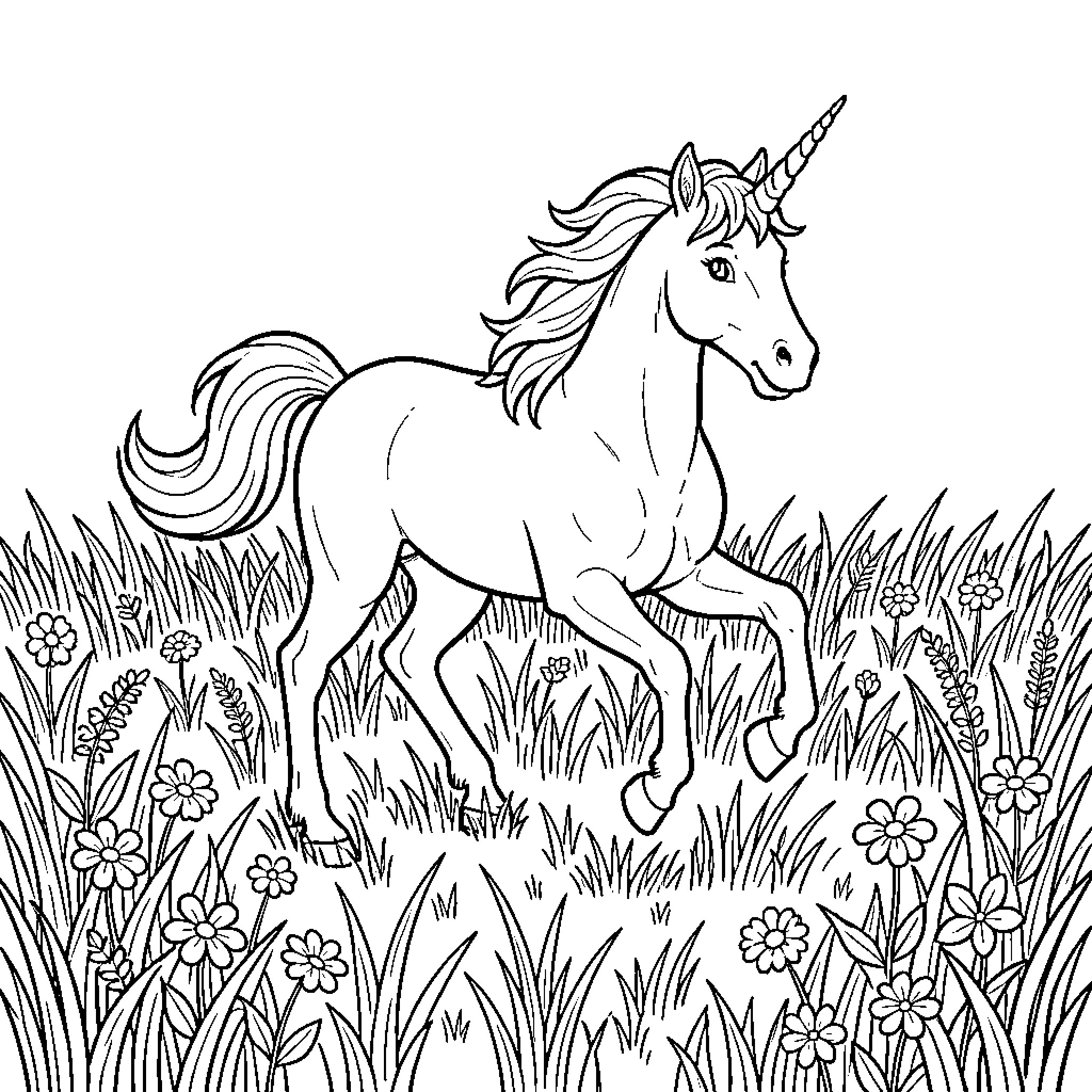 Unicorn standing gracefully amidst a meadow of flowers Coloring Page (free black-and-white line drawing printable PDF for all, from beginners to advanced learners, including children, teens, adults, and seniors)
