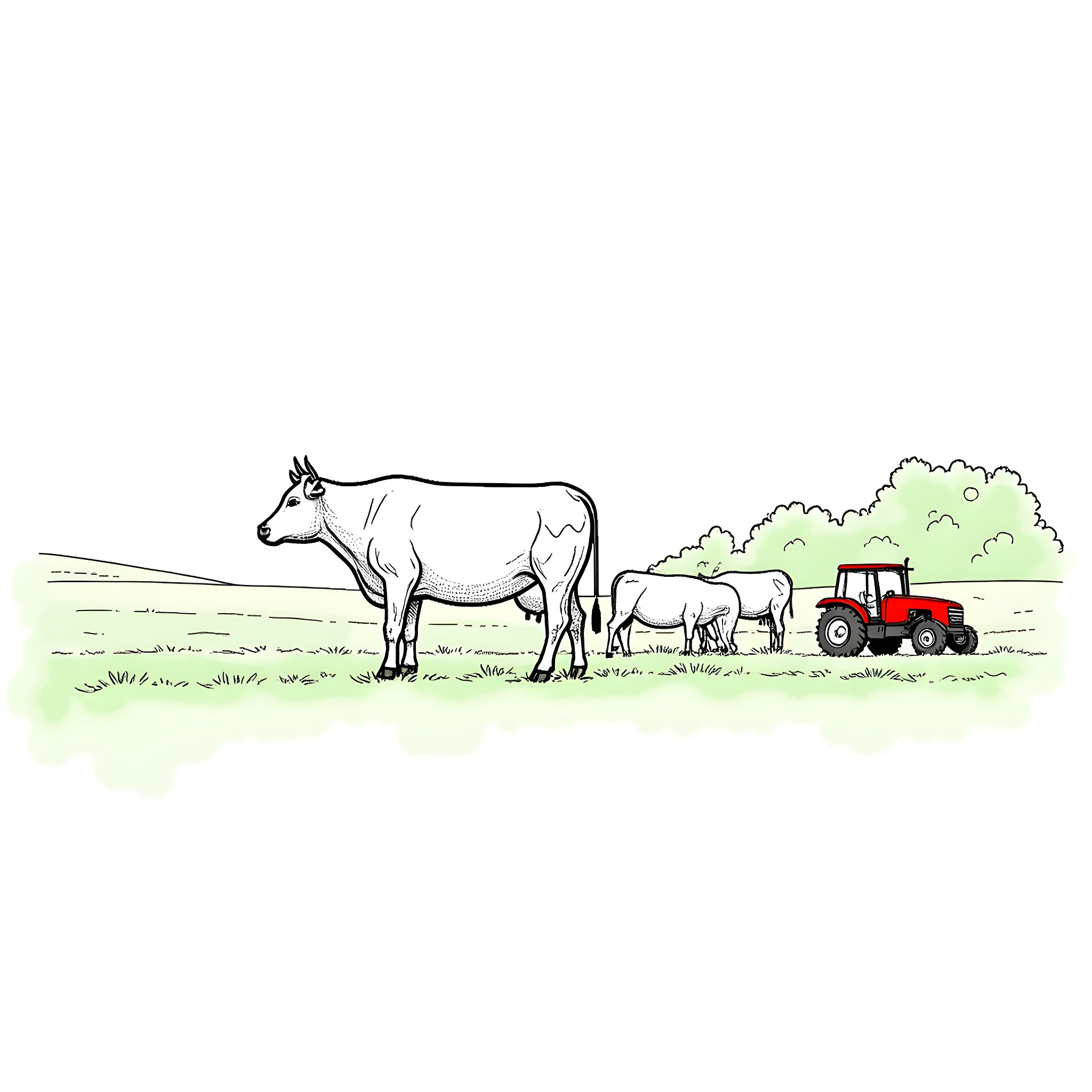 Cow grazing peacefully with tractor in the field Coloring Page (free black-and-white line drawing printable PDF for all, from beginners to advanced learners, including children, teens, adults, and seniors)