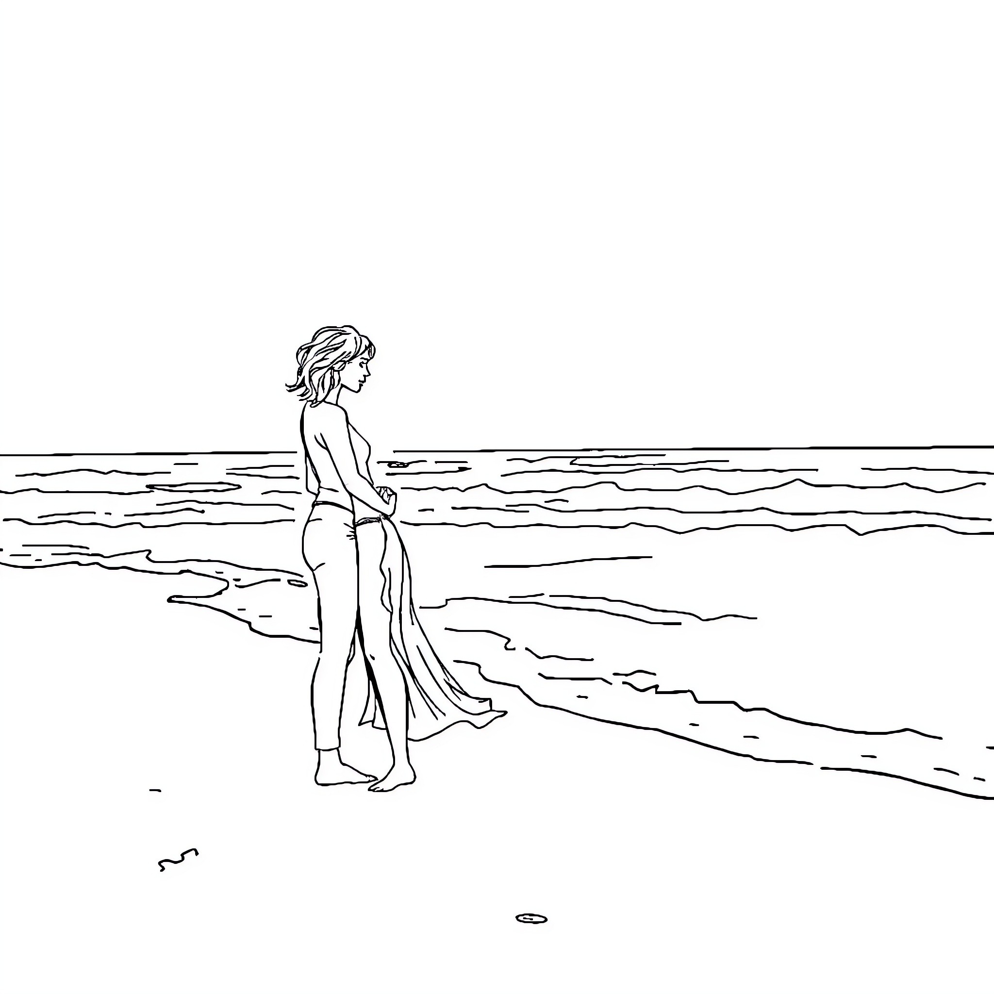 Beach scene with a person standing in the water Coloring Page (free black-and-white line drawing printable PDF for all, from beginners to advanced learners, including children, teens, adults, and seniors)