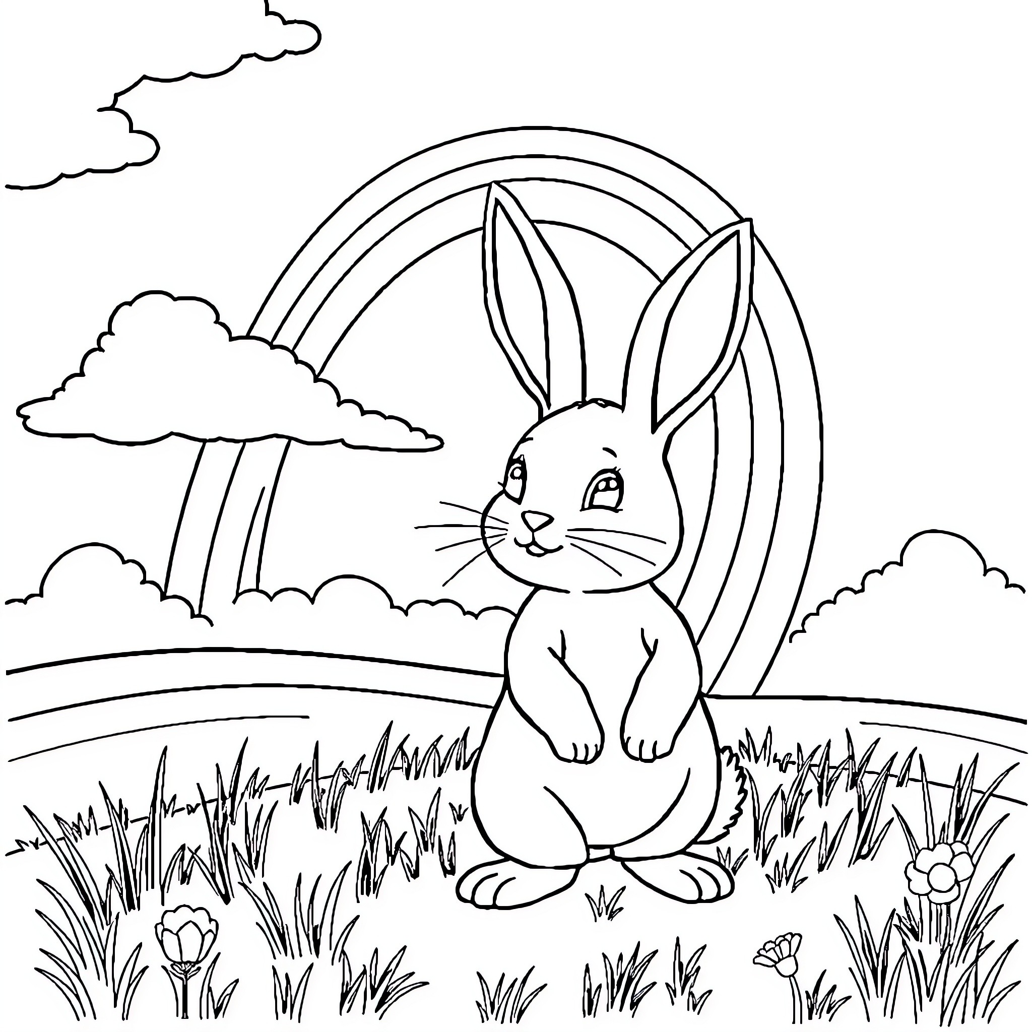 Bunny sitting in a meadow with a rainbow Coloring Page (free black-and-white line drawing printable PDF for all, from beginners to advanced learners, including children, teens, adults, and seniors)