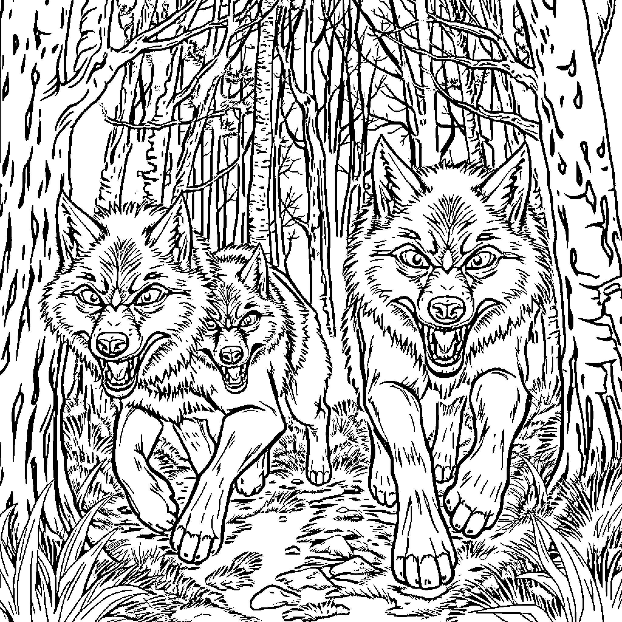 Wolf Pack Prowling Fiercely Through the Forest Coloring Page (free black-and-white line drawing printable PDF for all, from beginners to advanced learners, including children, teens, adults, and seniors)