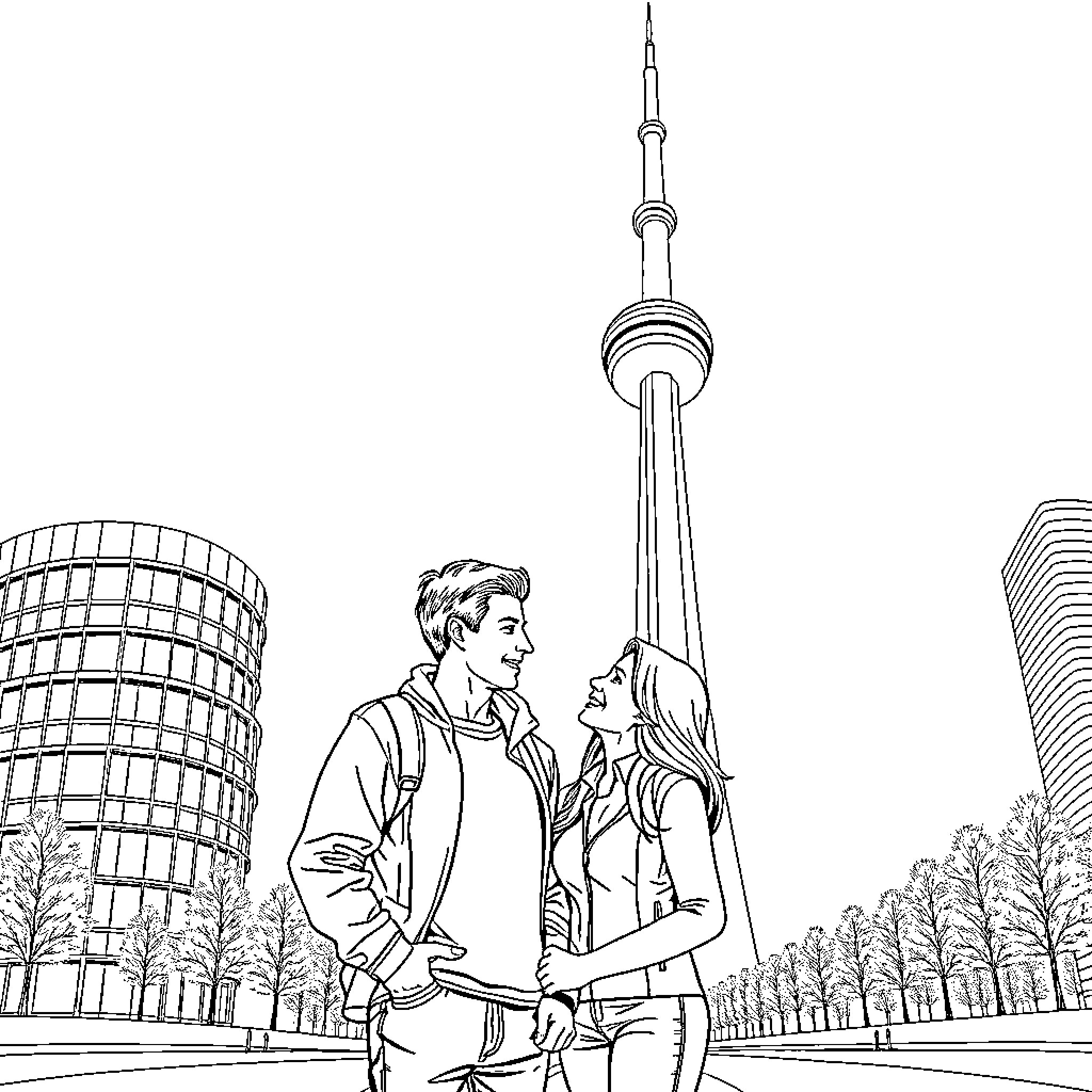 Couple exploring the city sights together Coloring Page (free black-and-white line drawing printable PDF for all, from beginners to advanced learners, including children, teens, adults, and seniors)