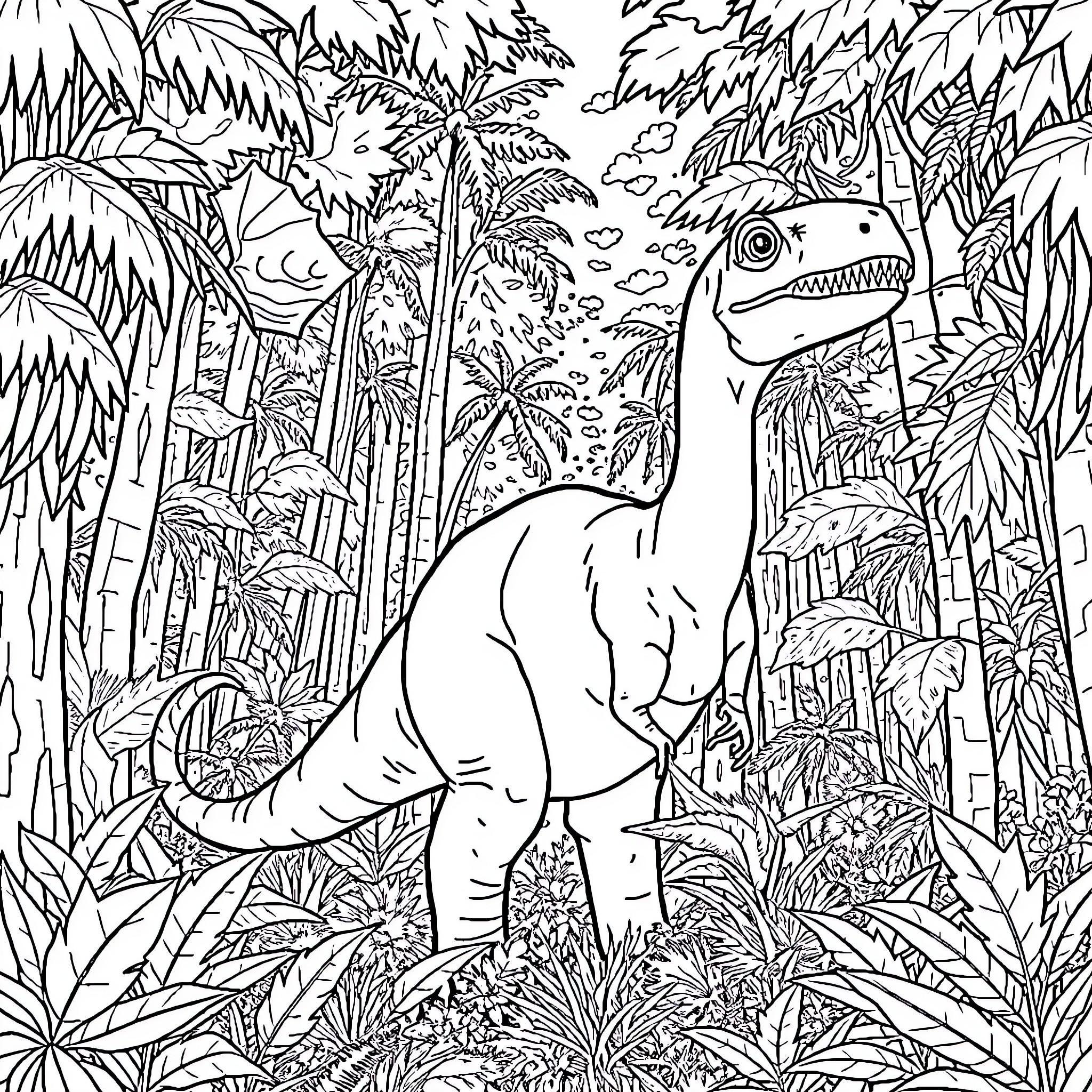 Dinosaur exploring lush tropical jungle landscape Coloring Page (free black-and-white line drawing printable PDF for all, from beginners to advanced learners, including children, teens, adults, and seniors)