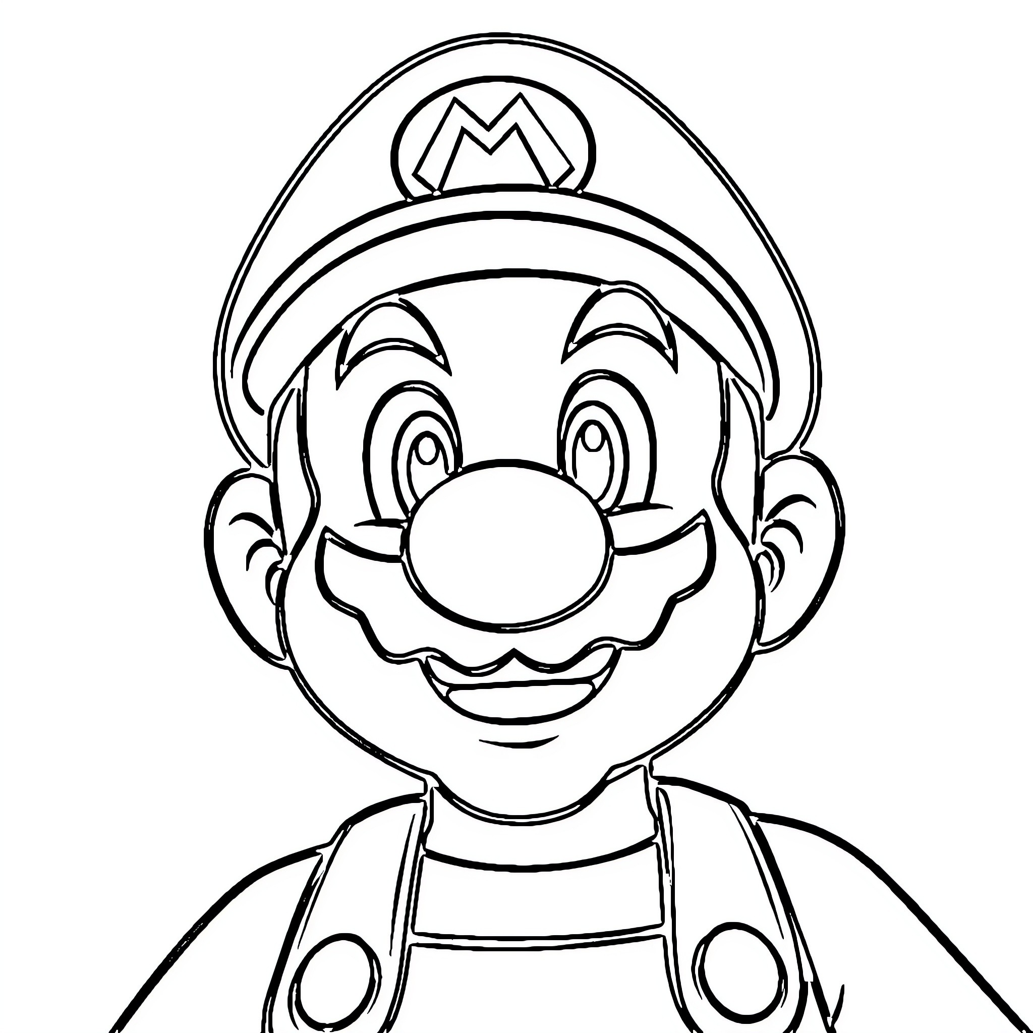 Mario's Cheerful Expression and Iconic Outfit Coloring Page (free black-and-white line drawing printable PDF for all, from beginners to advanced learners, including children, teens, adults, and seniors)