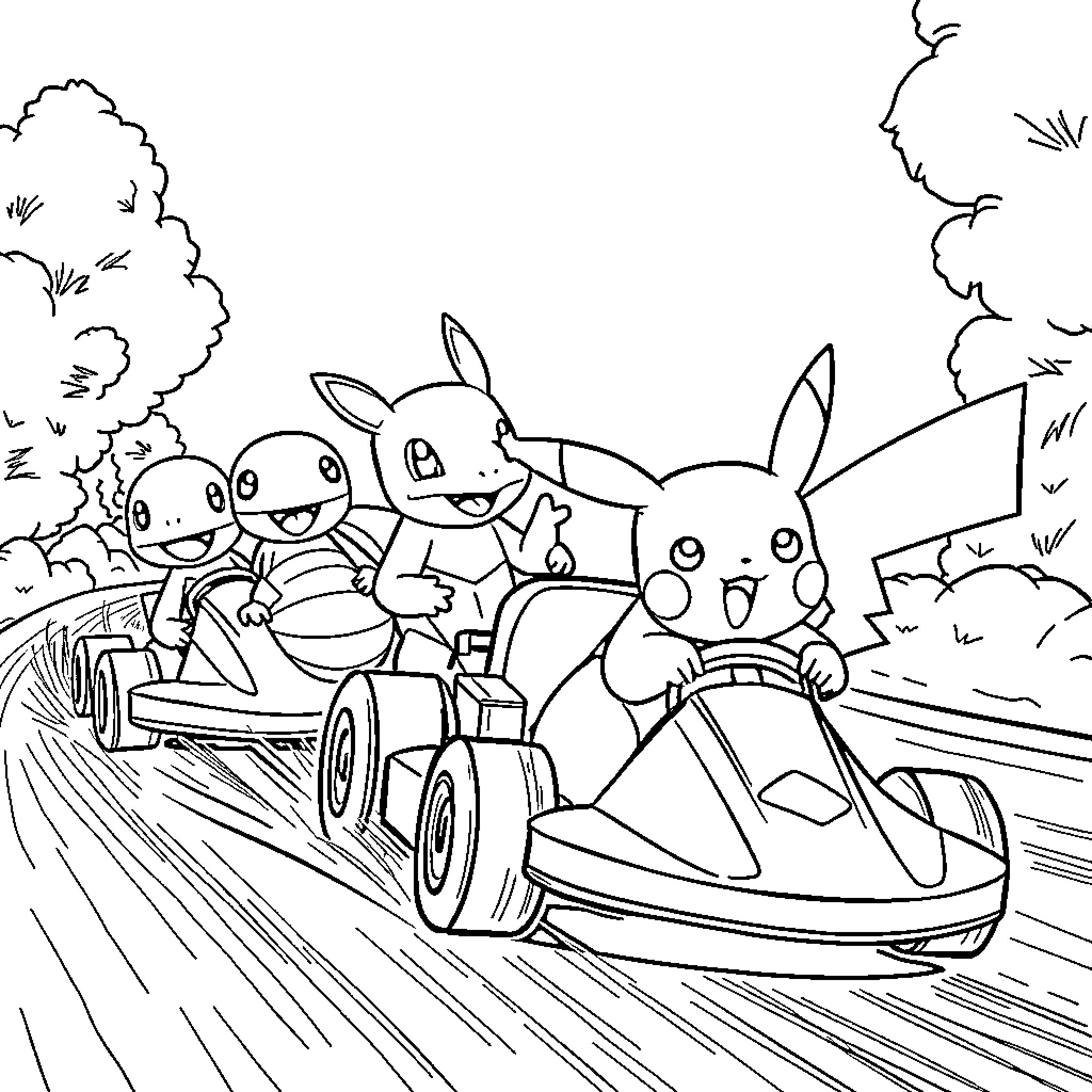 Pikachu and friends enjoying a go-kart ride Coloring Page (free black-and-white line drawing printable PDF for all, from beginners to advanced learners, including children, teens, adults, and seniors)