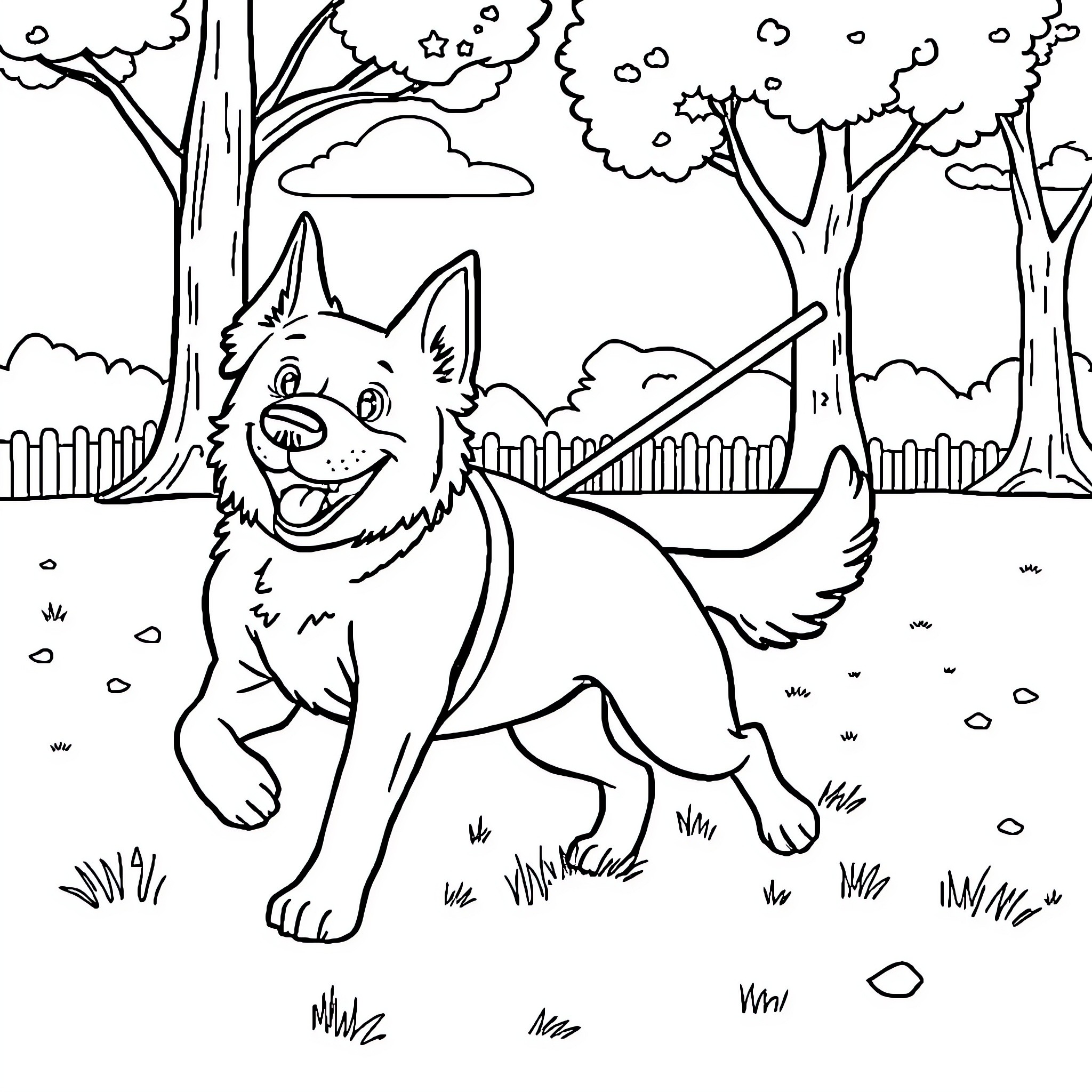 Dog playing happily in a park Coloring Page (free black-and-white line drawing printable PDF for all, from beginners to advanced learners, including children, teens, adults, and seniors)
