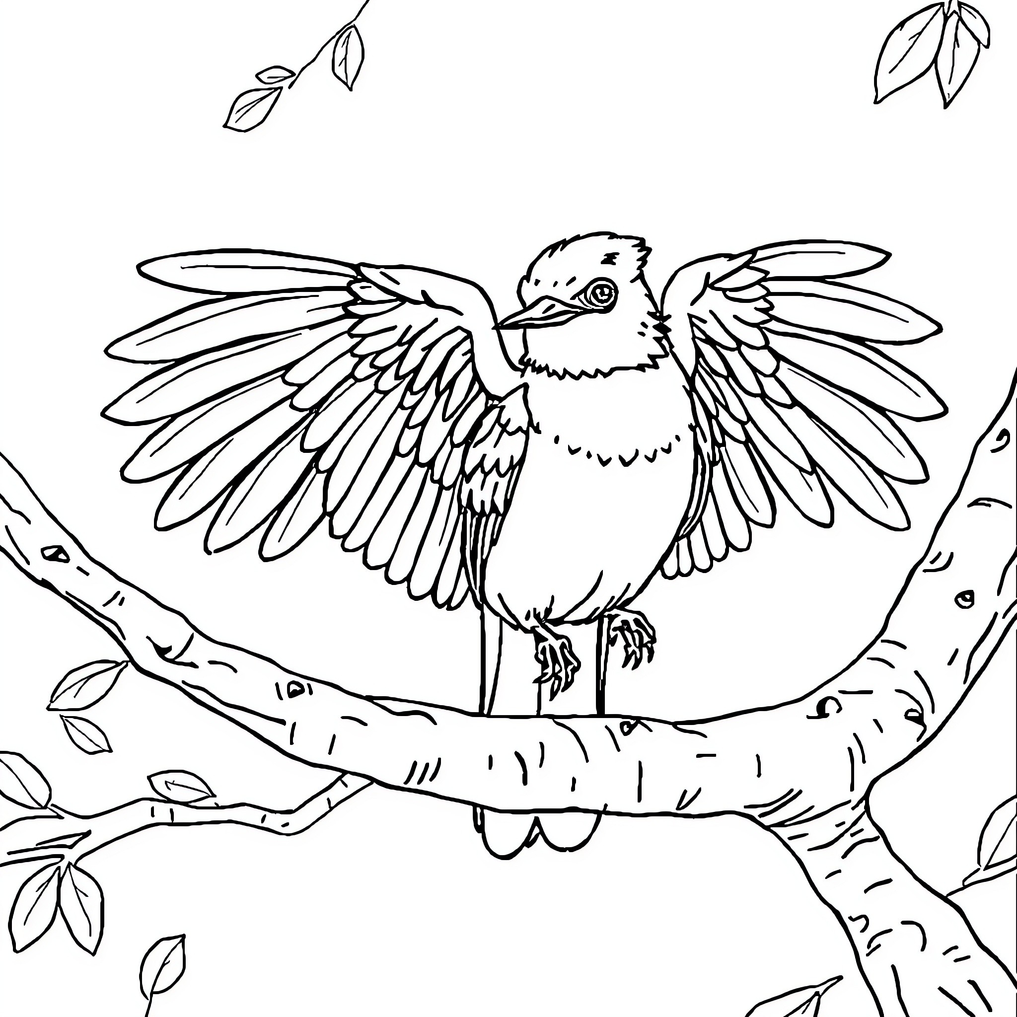 Owl spreading its wings on a tree branch Coloring Page (free black-and-white line drawing printable PDF for all, from beginners to advanced learners, including children, teens, adults, and seniors)