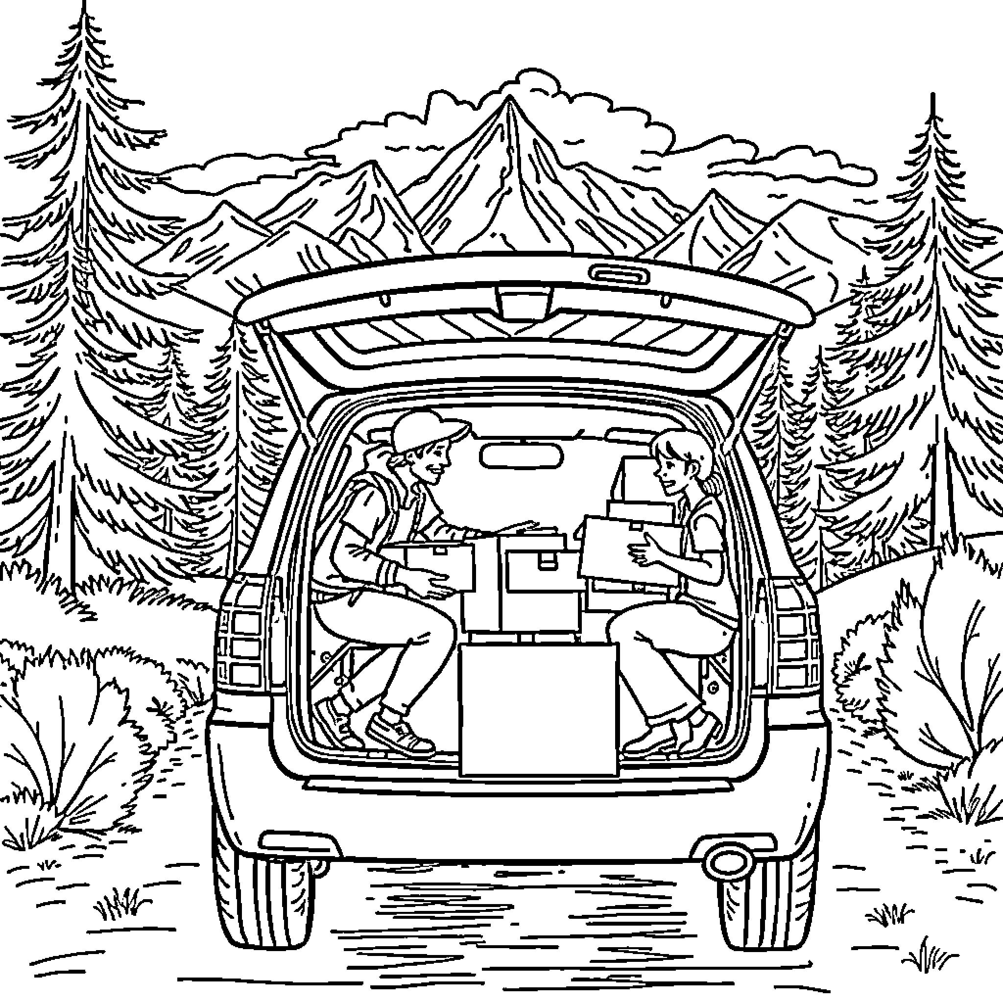 Texas to Colorado road trip with friends Coloring Page (free black-and-white line drawing printable PDF for all, from beginners to advanced learners, including children, teens, adults, and seniors)