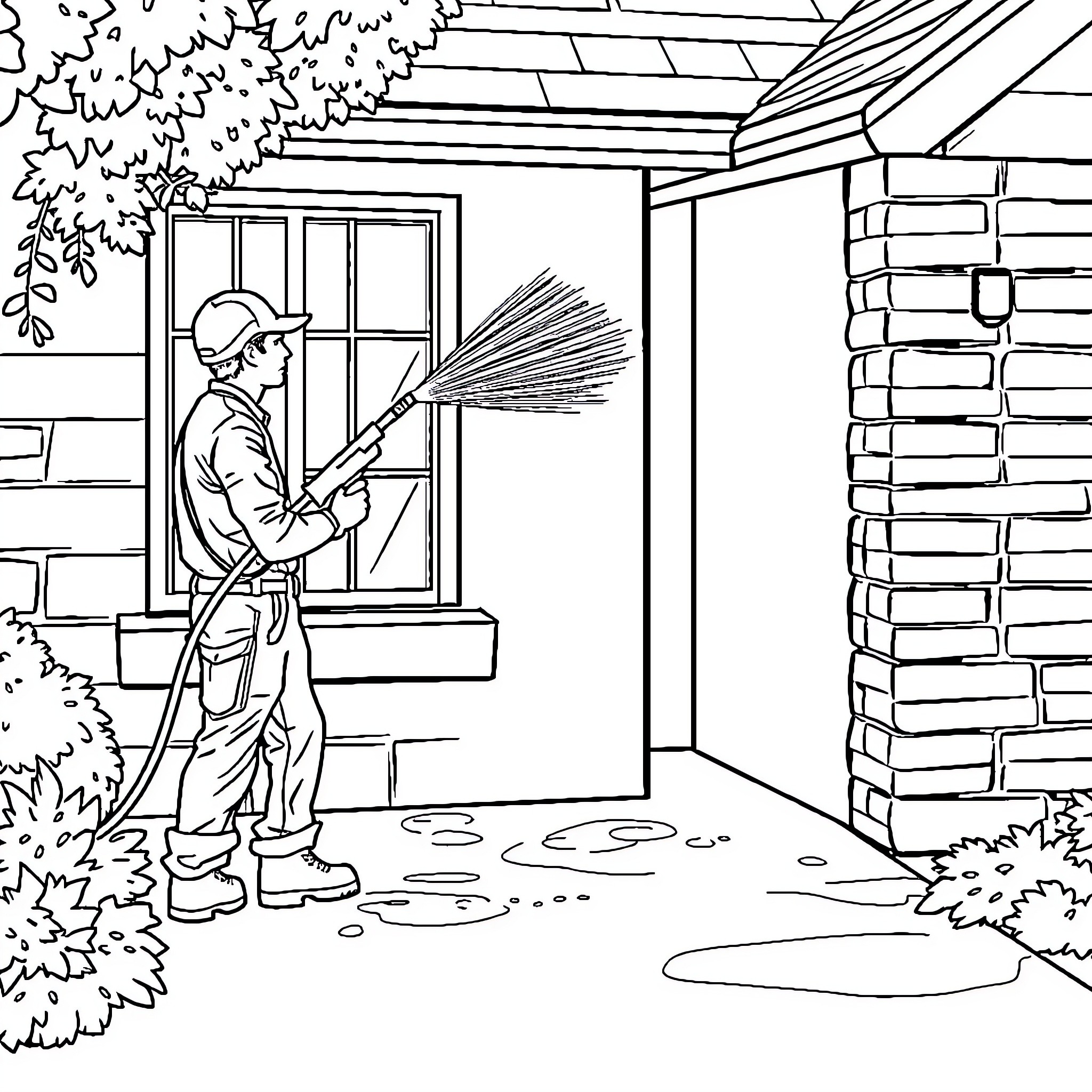 Window Cleaner working diligently on a building Coloring Page (free black-and-white line drawing printable PDF for all, from beginners to advanced learners, including children, teens, adults, and seniors)