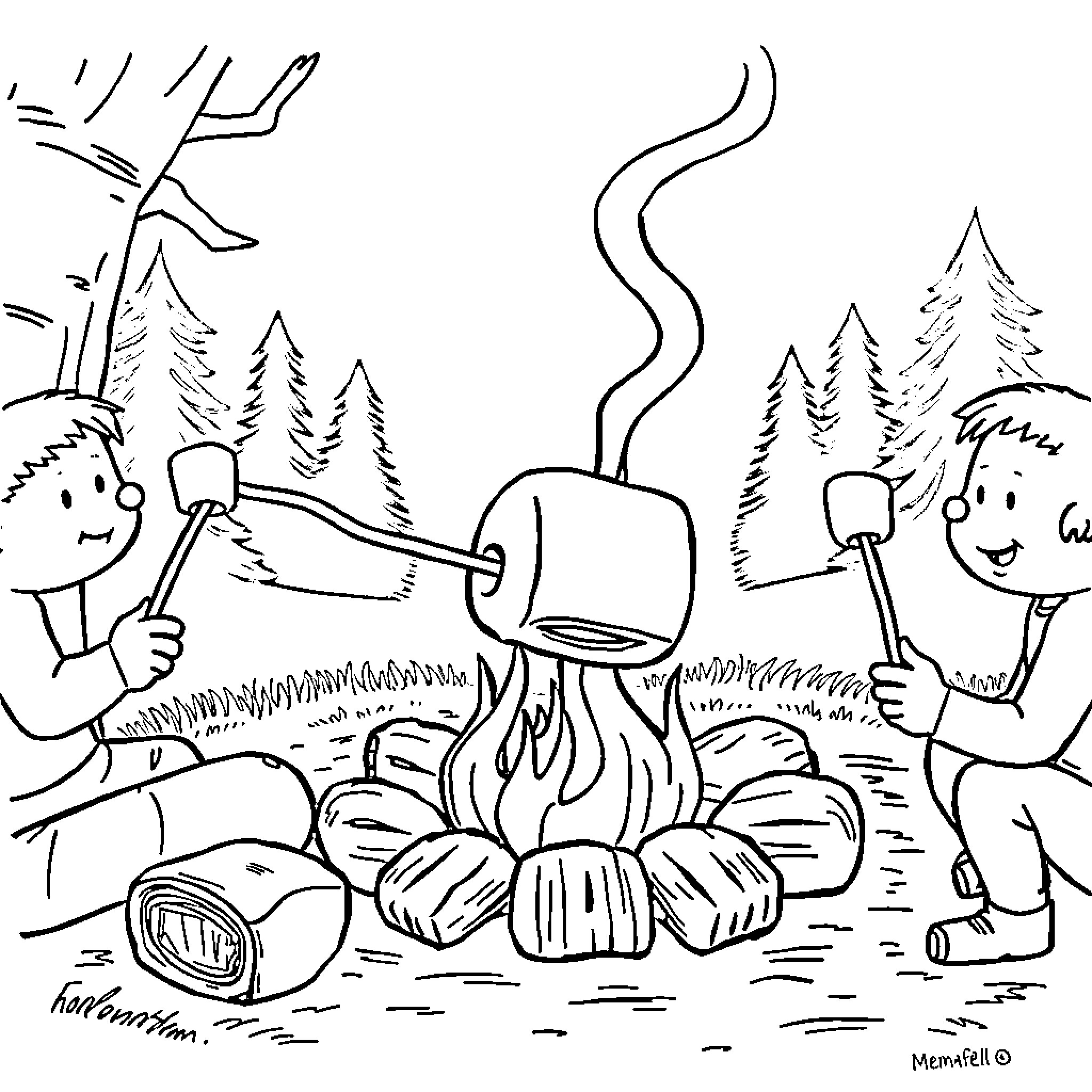 Marshmallow roasting fun around the campfire Coloring Page (free black-and-white line drawing printable PDF for all, from beginners to advanced learners, including children, teens, adults, and seniors)