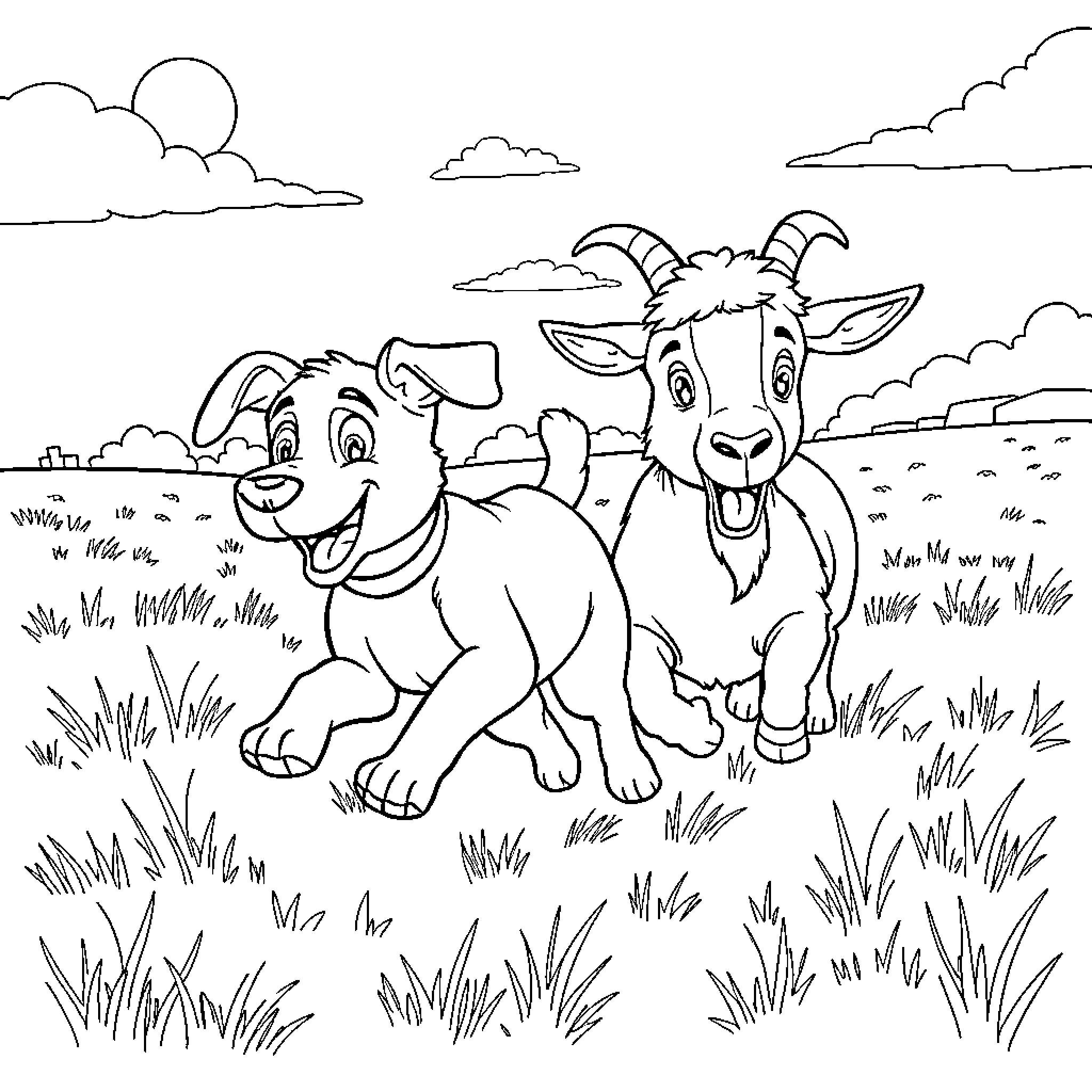 Dog and Goat Roaming in a Grassy Field Coloring Page (free black-and-white line drawing printable PDF for all, from beginners to advanced learners, including children, teens, adults, and seniors)