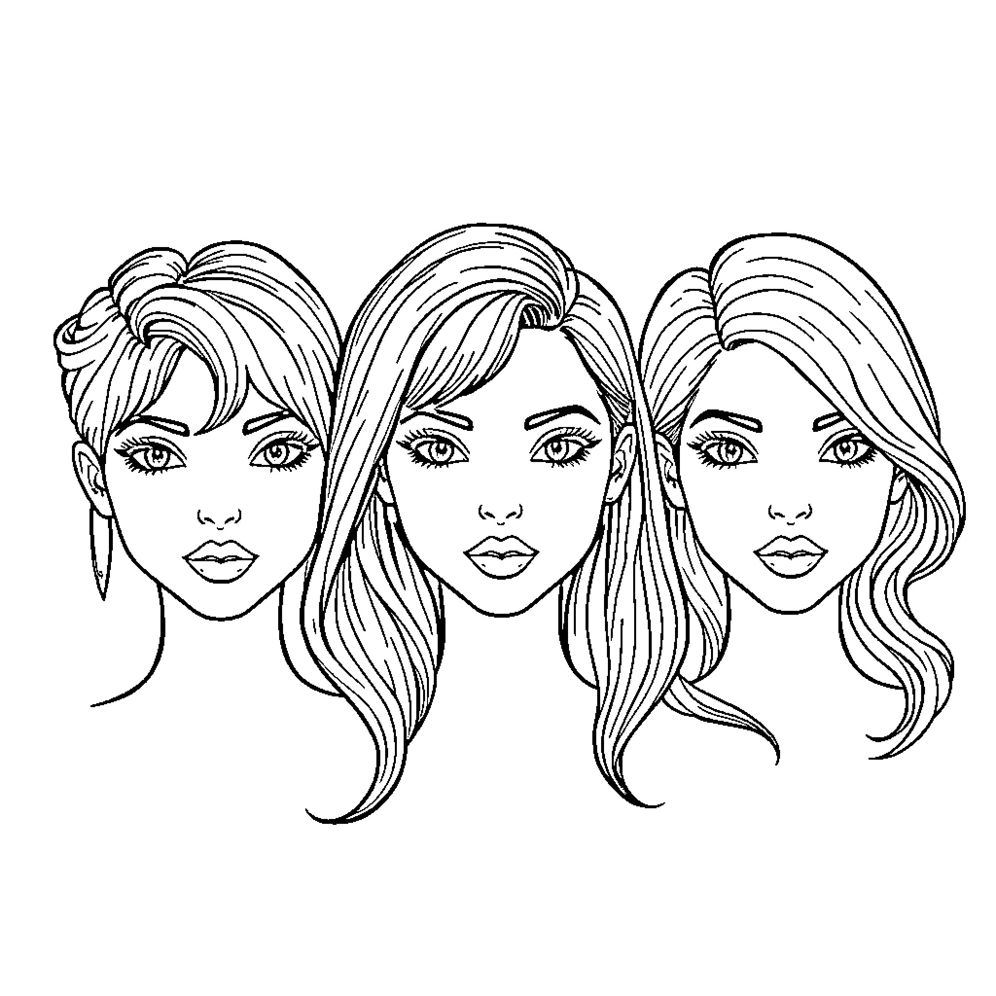 Hair Styles of Beautiful Women Coloring Page (free black-and-white line drawing printable PDF for all, from beginners to advanced learners, including children, teens, adults, and seniors)