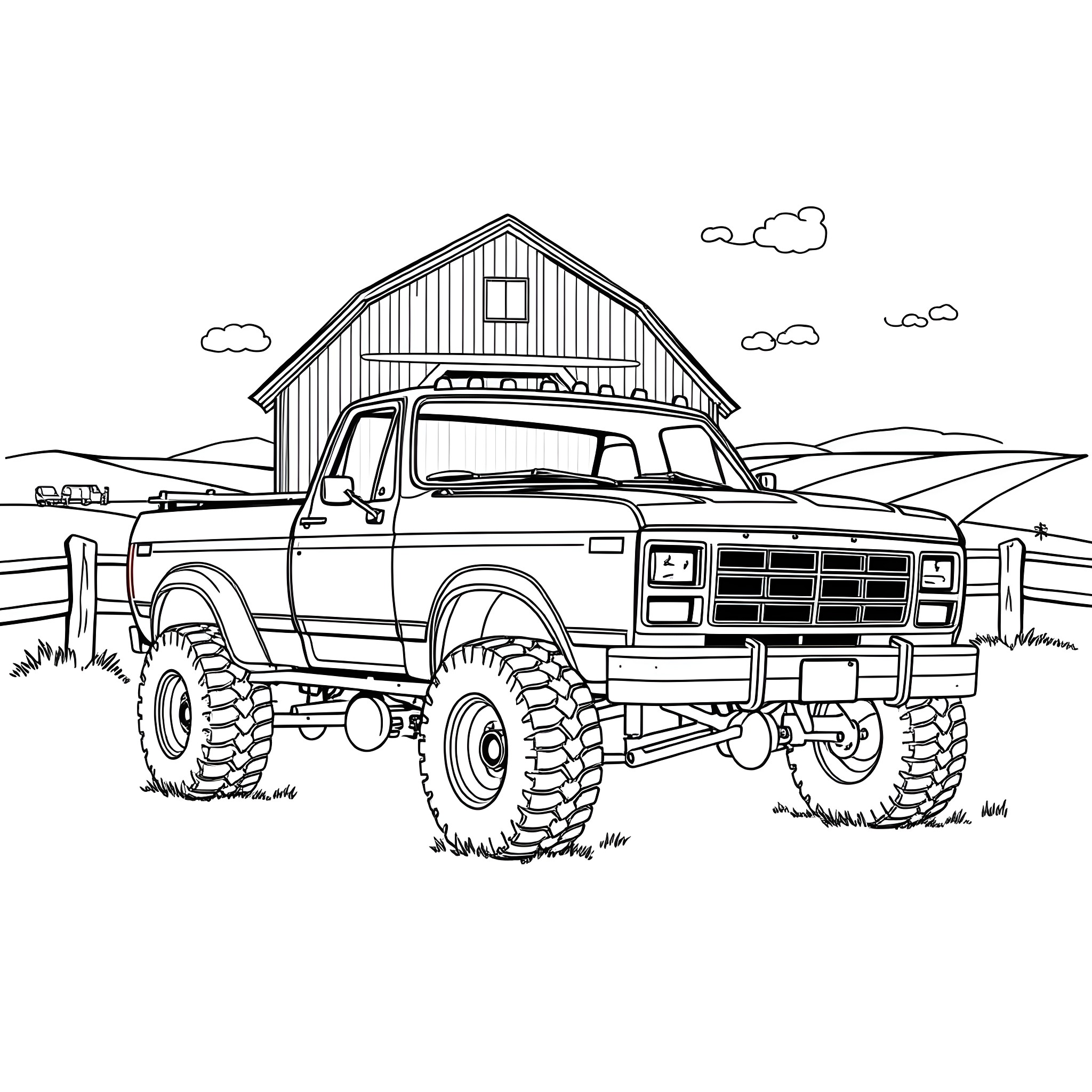 Ford Truck parked near countryside barn Coloring Page (free black-and-white line drawing printable PDF for all, from beginners to advanced learners, including children, teens, adults, and seniors)