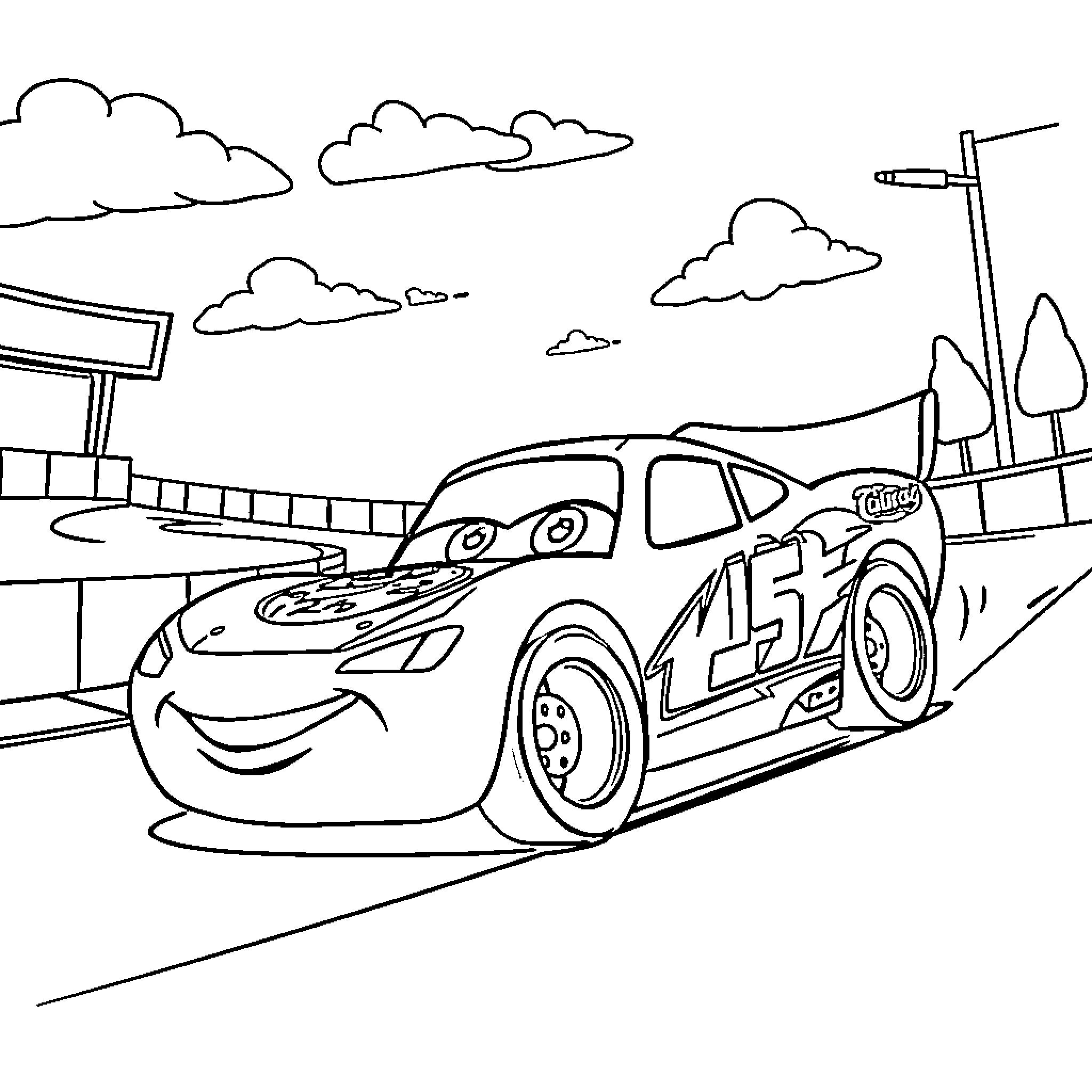 Lightning McQueen racing on the track Coloring Page (free black-and-white line drawing printable PDF for all, from beginners to advanced learners, including children, teens, adults, and seniors)