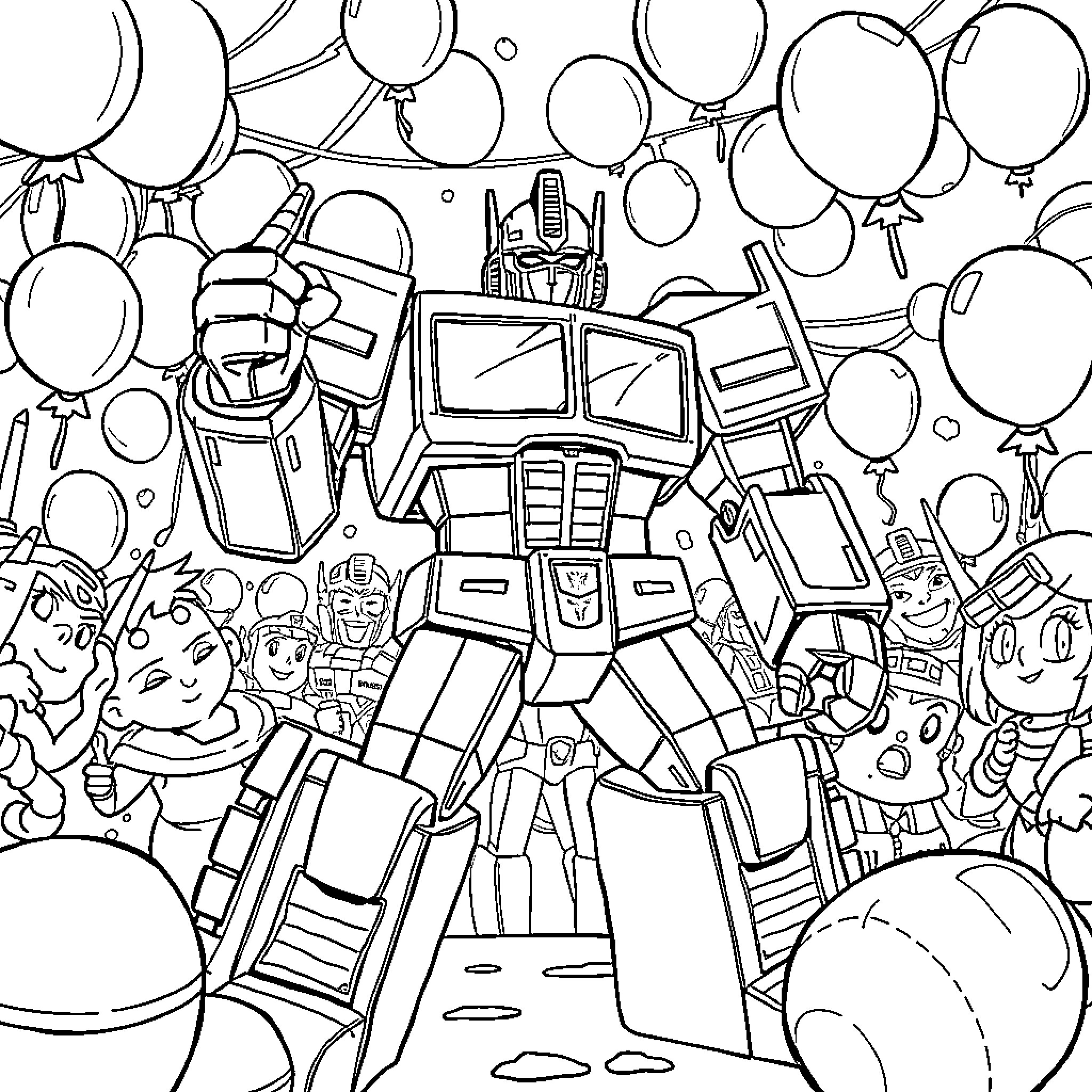 Optimus Prime Leads Transformers in Celebratory Gathering Coloring Page (free black-and-white line drawing printable PDF for all, from beginners to advanced learners, including children, teens, adults, and seniors)