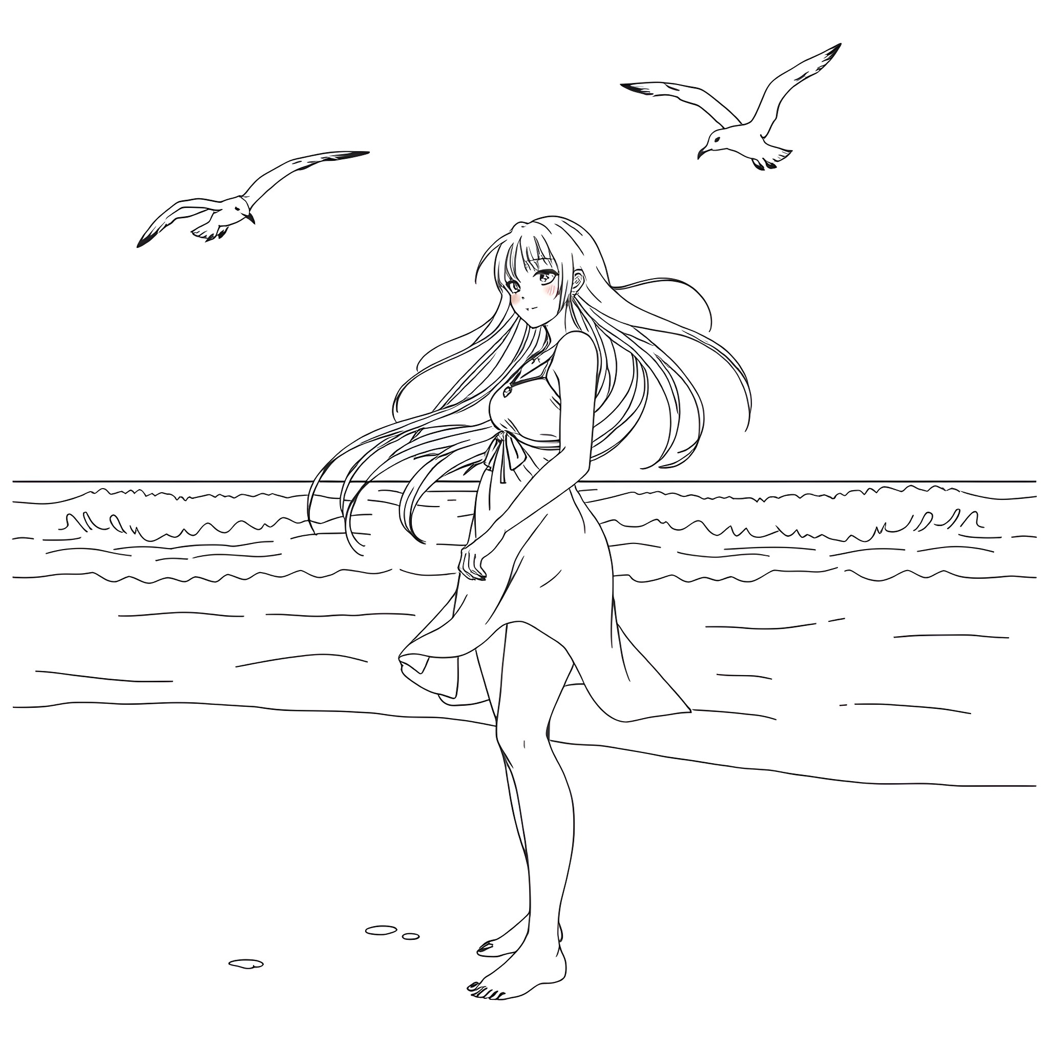 Nami enjoying a peaceful beach walk Coloring Page (free black-and-white line drawing printable PDF for all, from beginners to advanced learners, including children, teens, adults, and seniors)