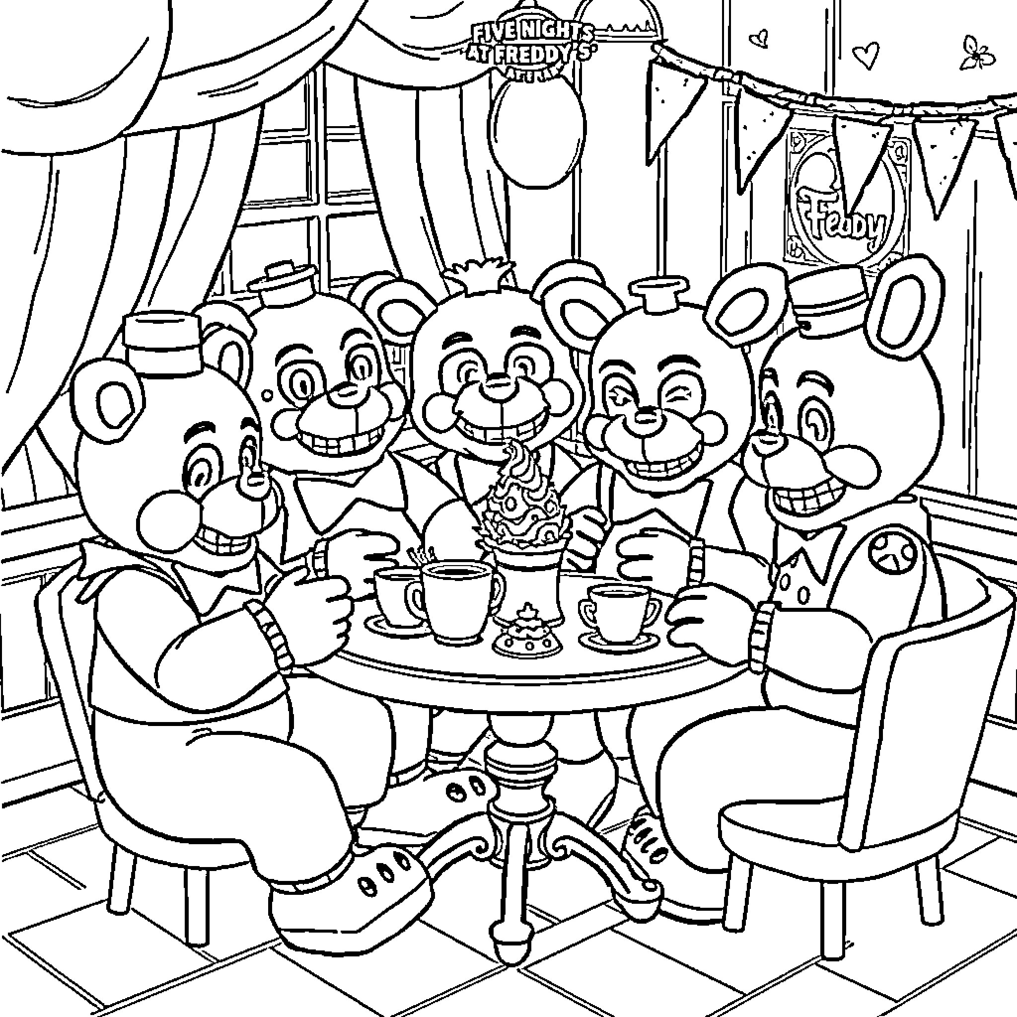 Five Nights at Freddy's: Animatronic characters enjoying a tea party Coloring Page (free black-and-white line drawing printable PDF for all, from beginners to advanced learners, including children, teens, adults, and seniors)