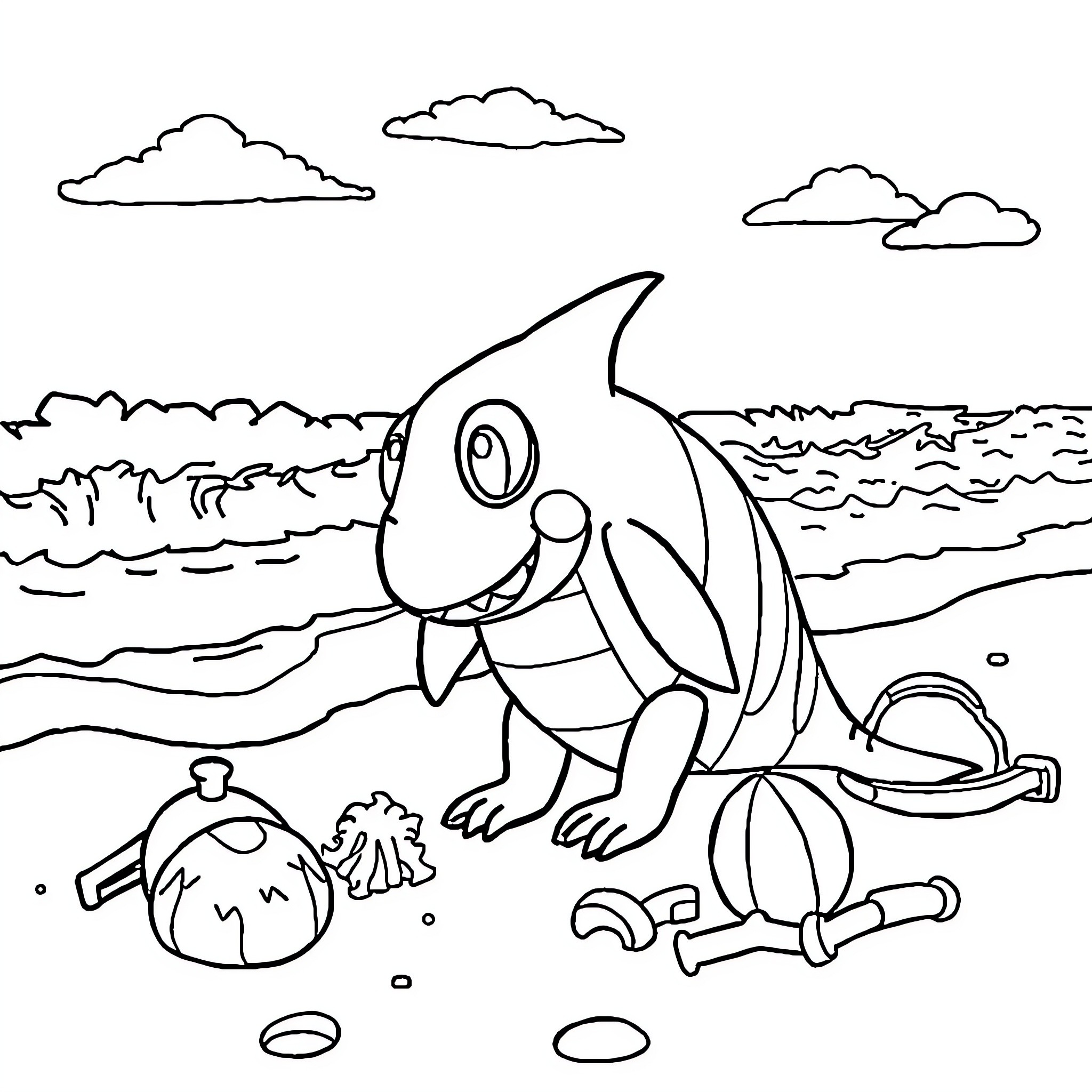 Paw Patrol Puppy Playing on the Beach Coloring Page (free black-and-white line drawing printable PDF for all, from beginners to advanced learners, including children, teens, adults, and seniors)