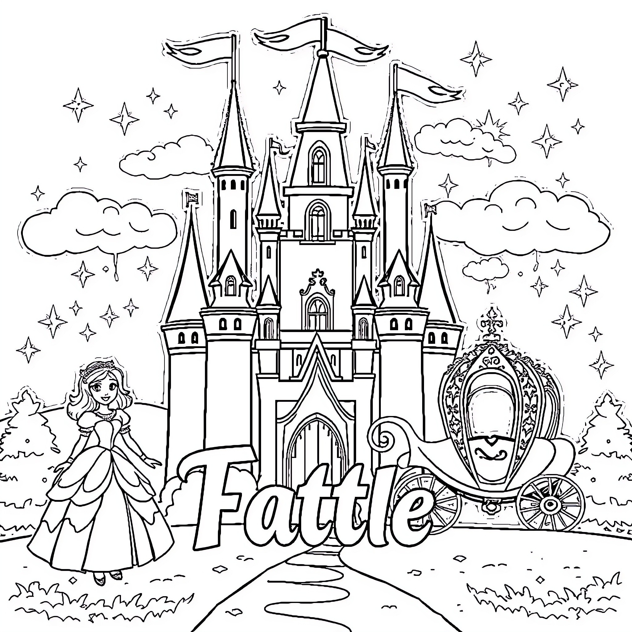 Castle with Enchanting Fairytale Scenes Coloring Page (free black-and-white line drawing printable PDF for all, from beginners to advanced learners, including children, teens, adults, and seniors)