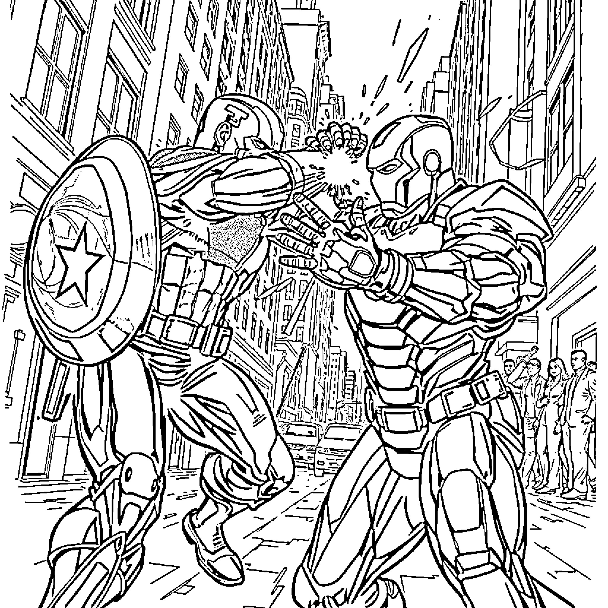 Captain America in Epic Battle on City Streets Coloring Page (free black-and-white line drawing printable PDF for all, from beginners to advanced learners, including children, teens, adults, and seniors)