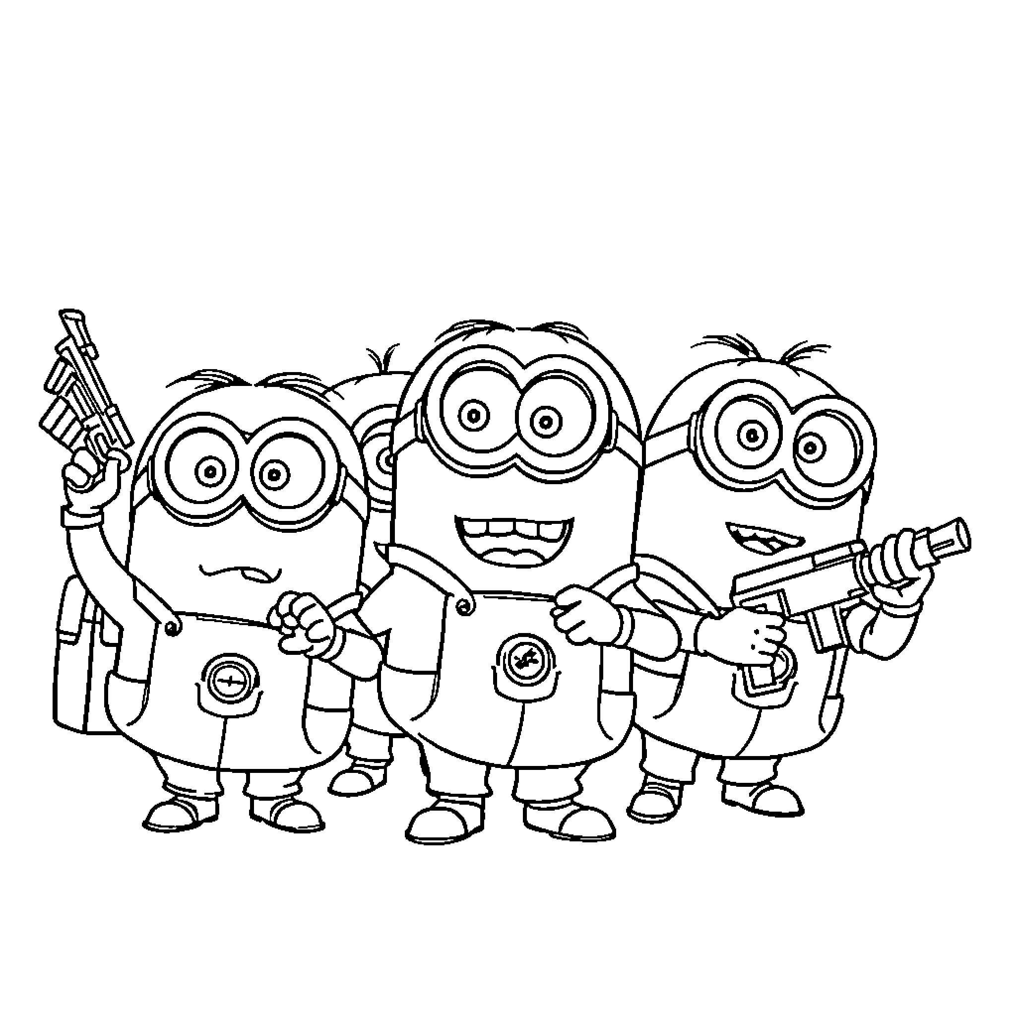 Minions wielding futuristic gadgets and weapons Coloring Page (free black-and-white line drawing printable PDF for all, from beginners to advanced learners, including children, teens, adults, and seniors)