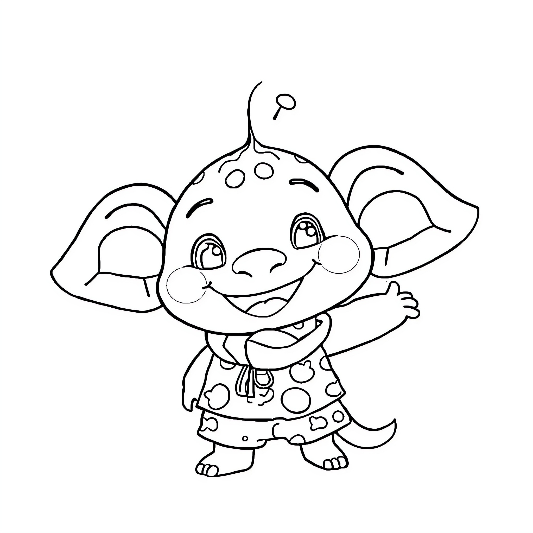 Labubu the cheerful elephant in polka dot outfit Coloring Page (free black-and-white line drawing printable PDF for all, from beginners to advanced learners, including children, teens, adults, and seniors)