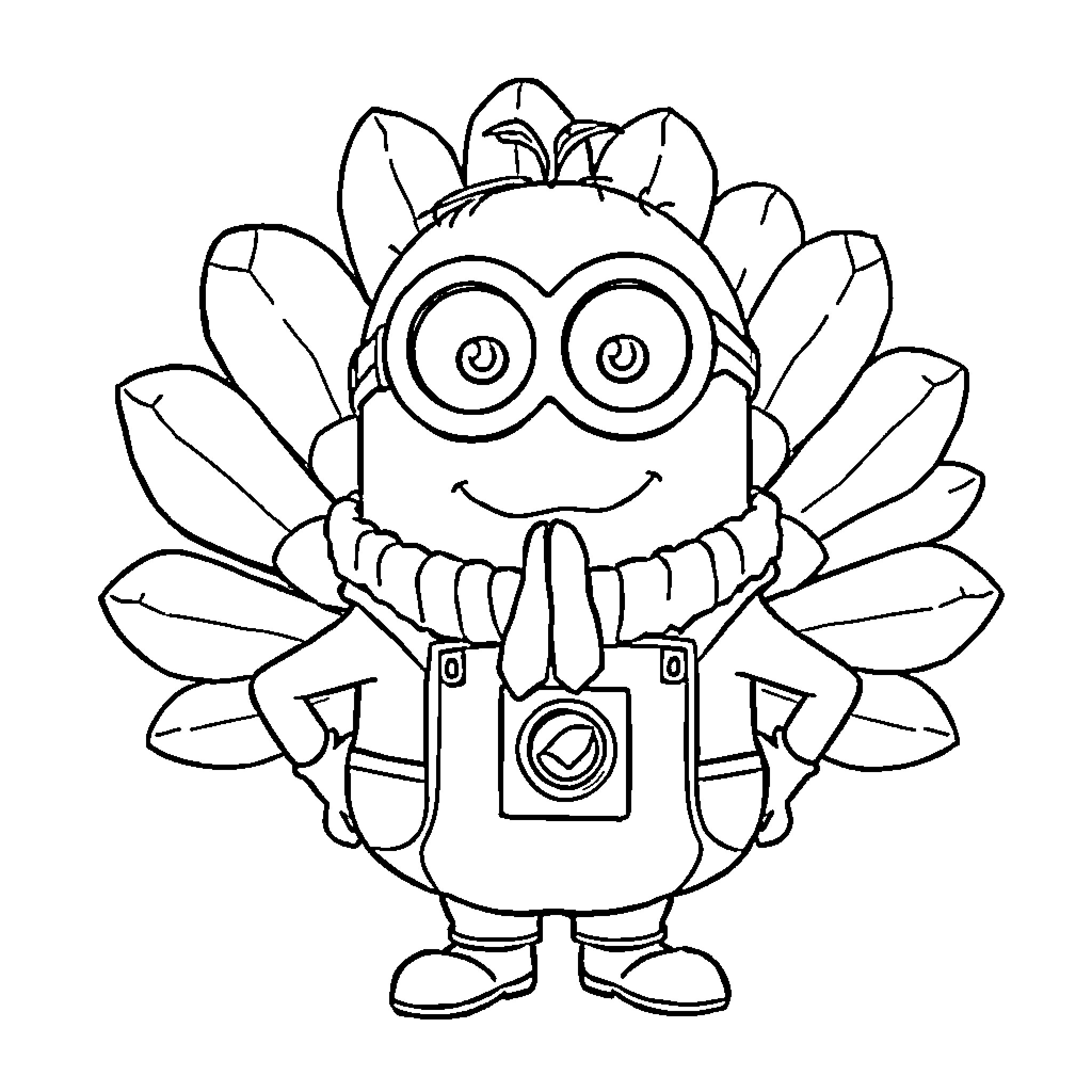 Gru's Minion Thanksgiving Turkey Costume Coloring Page (free black-and-white line drawing printable PDF for all, from beginners to advanced learners, including children, teens, adults, and seniors)