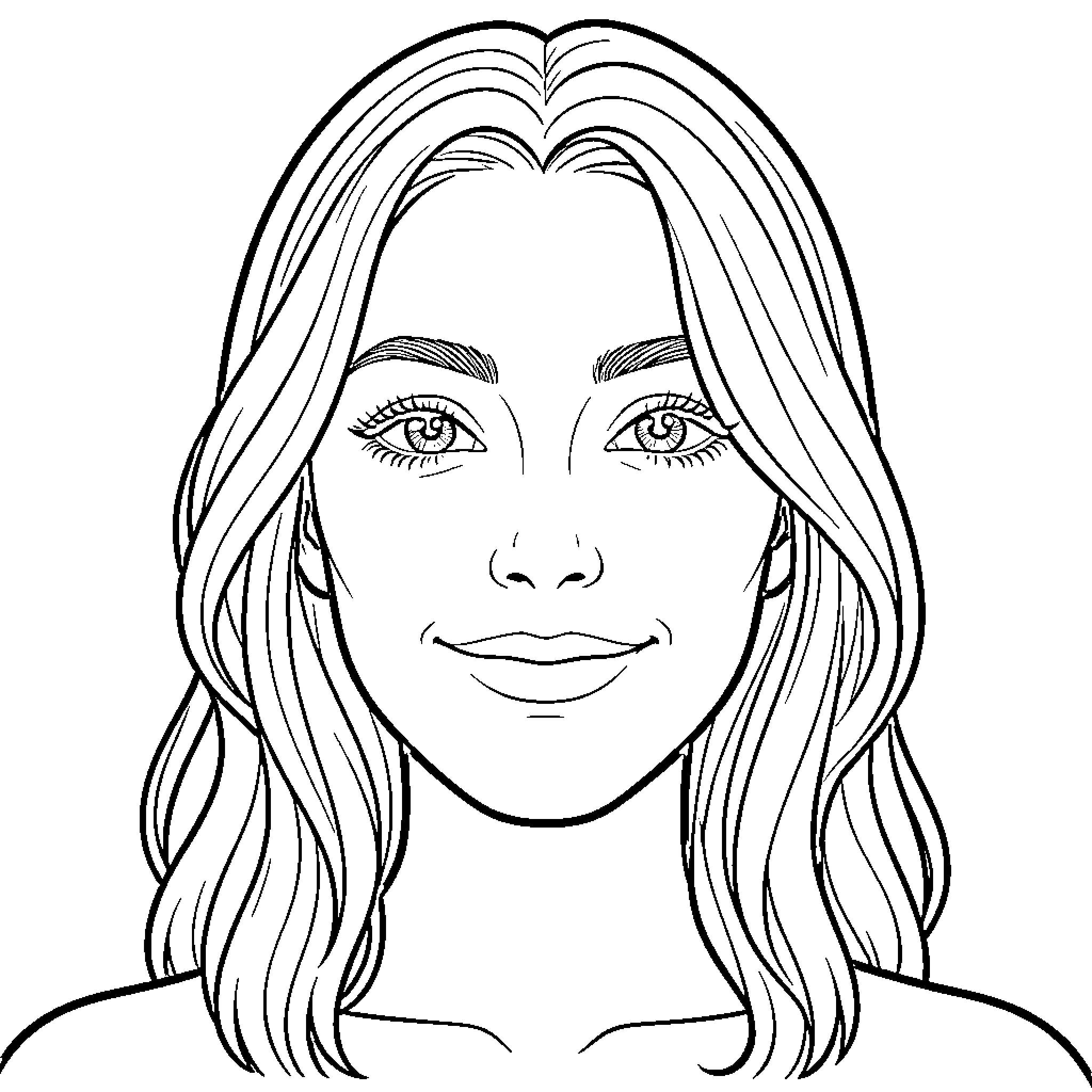 Woman with long flowing hair and serene expression Coloring Page (free black-and-white line drawing printable PDF for all, from beginners to advanced learners, including children, teens, adults, and seniors)