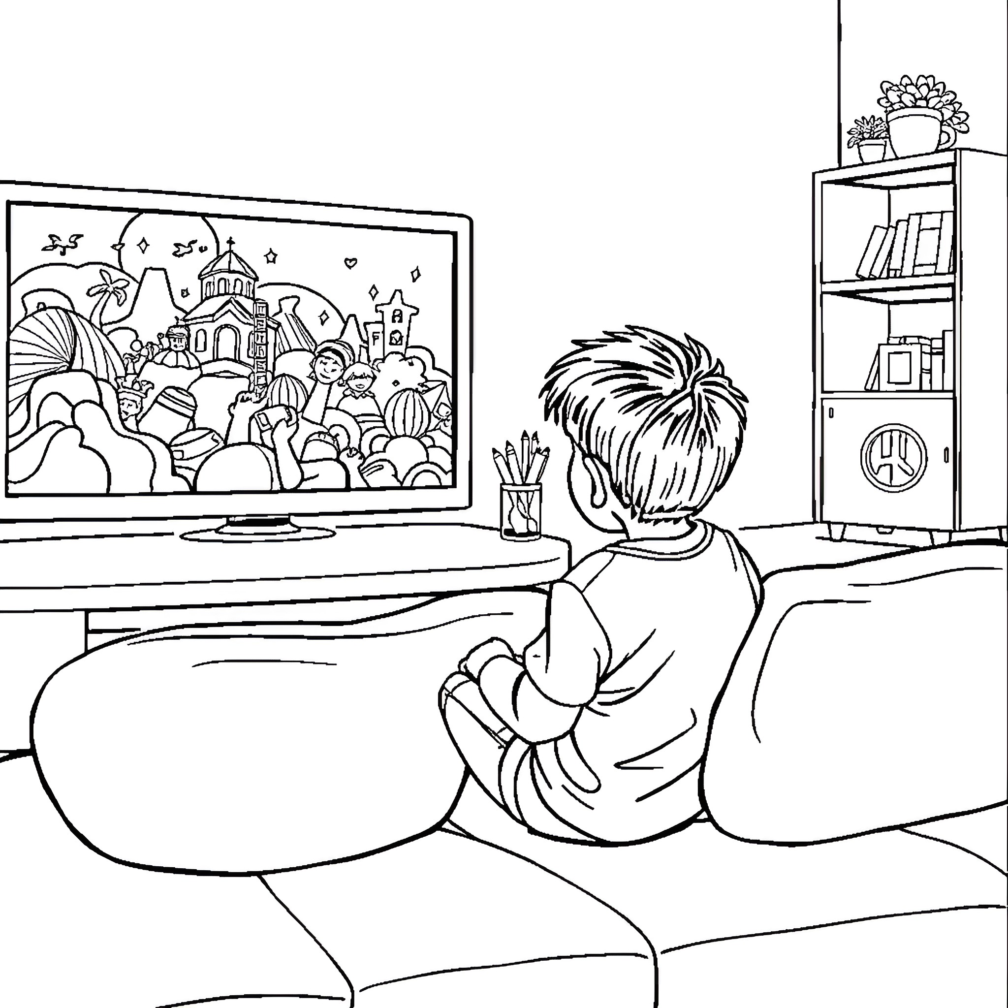 Boy watching an animated scene on television Coloring Page (free black-and-white line drawing printable PDF for all, from beginners to advanced learners, including children, teens, adults, and seniors)