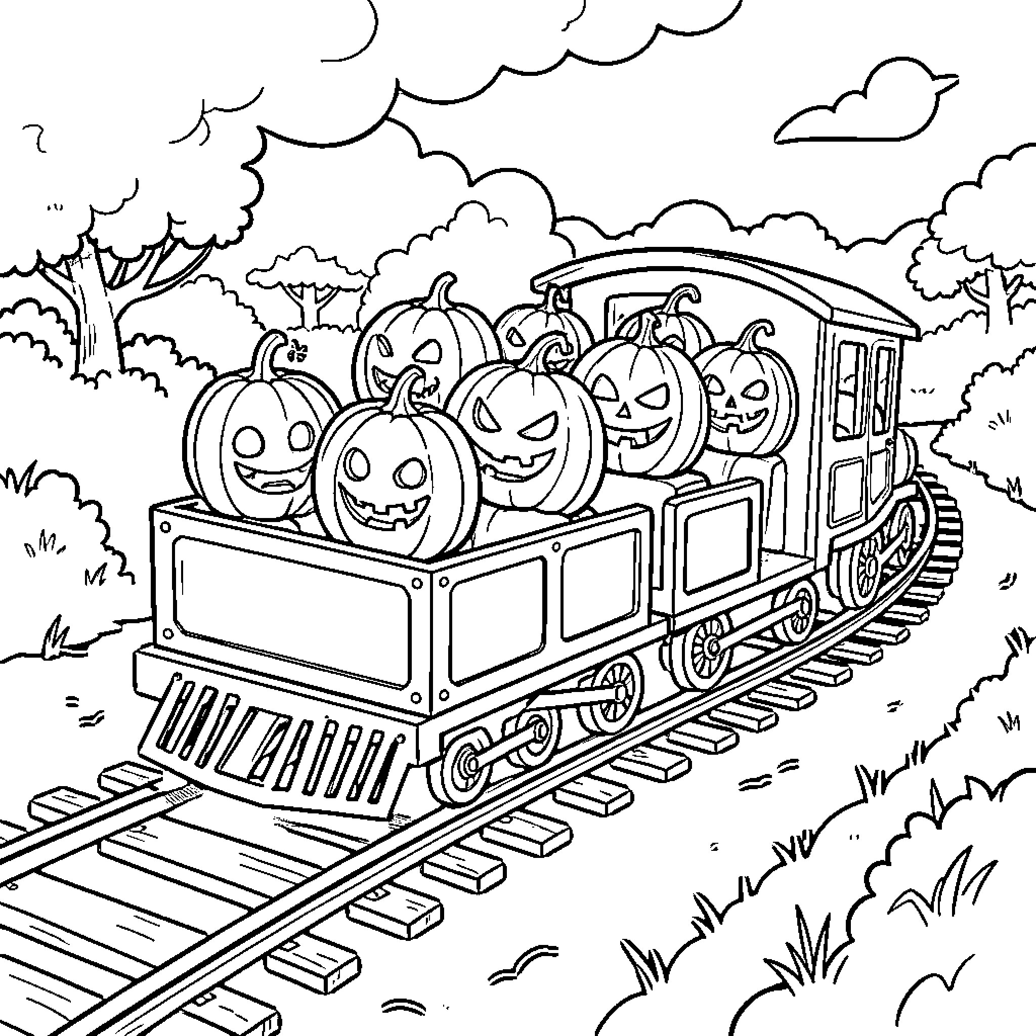 Pumpkin characters riding together on a train Coloring Page (free black-and-white line drawing printable PDF for all, from beginners to advanced learners, including children, teens, adults, and seniors)