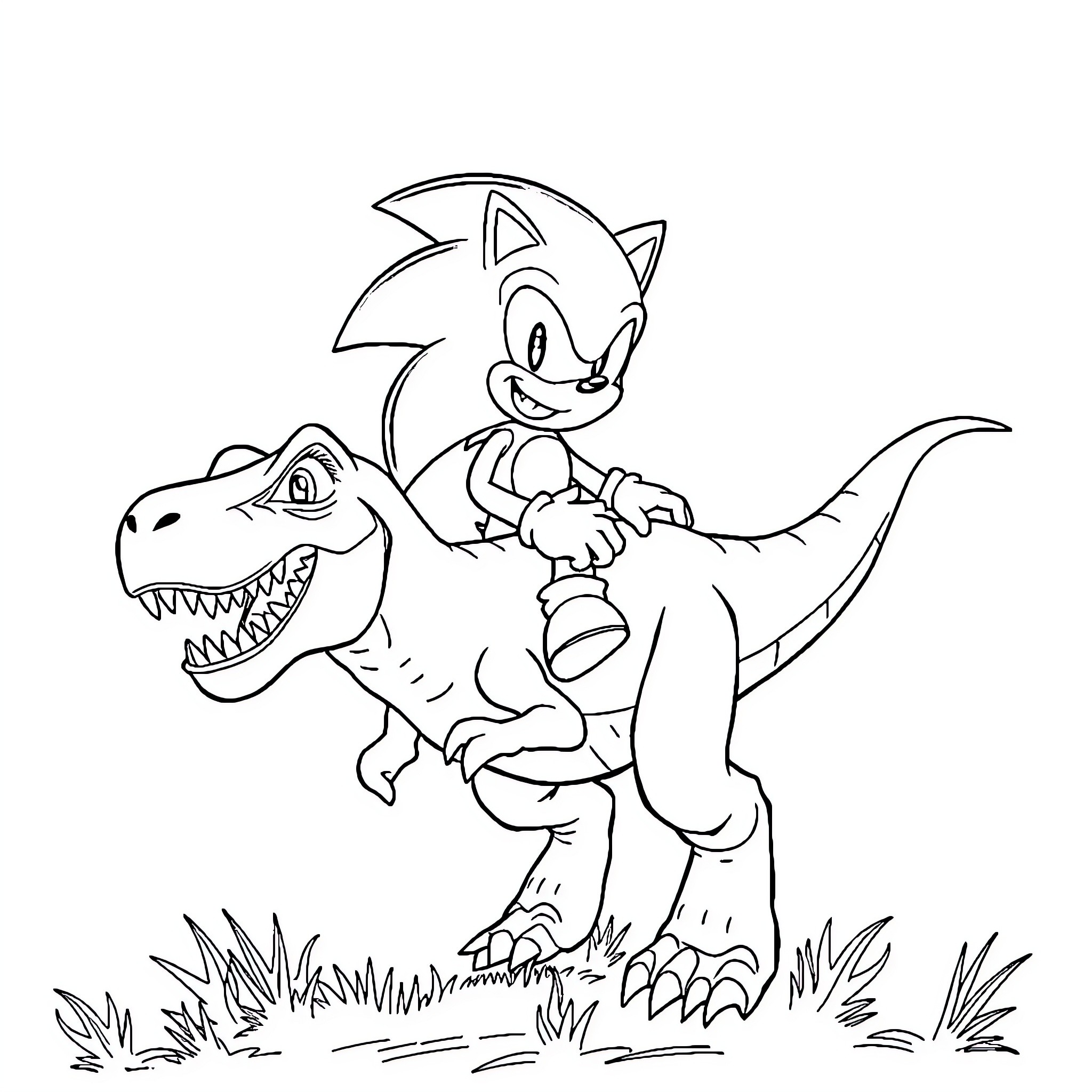 Sonic riding a playful dinosaur in the wild Coloring Page (free black-and-white line drawing printable PDF for all, from beginners to advanced learners, including children, teens, adults, and seniors)