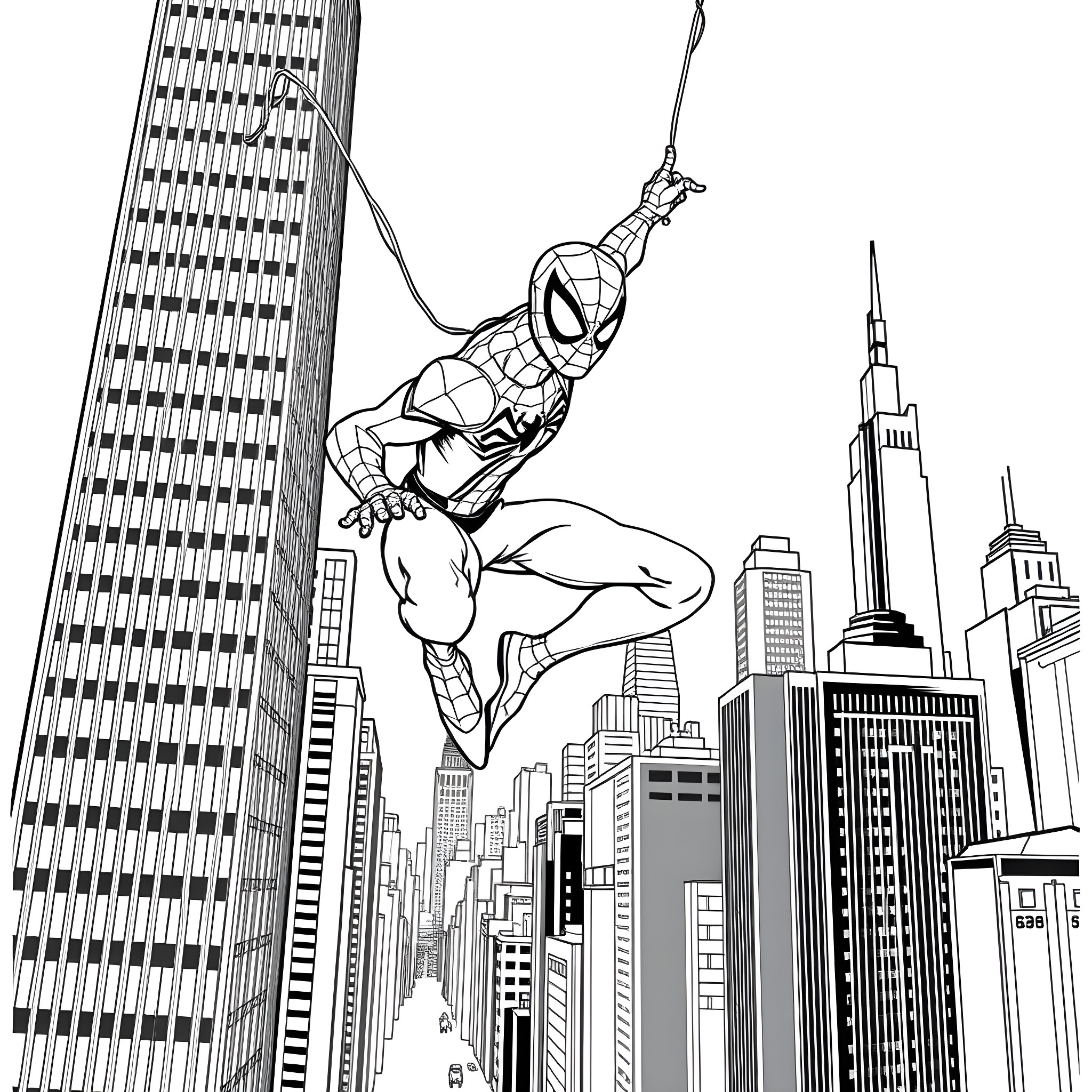 Spider-Man swinging through a city skyline Coloring Page (free black-and-white line drawing printable PDF for all, from beginners to advanced learners, including children, teens, adults, and seniors)