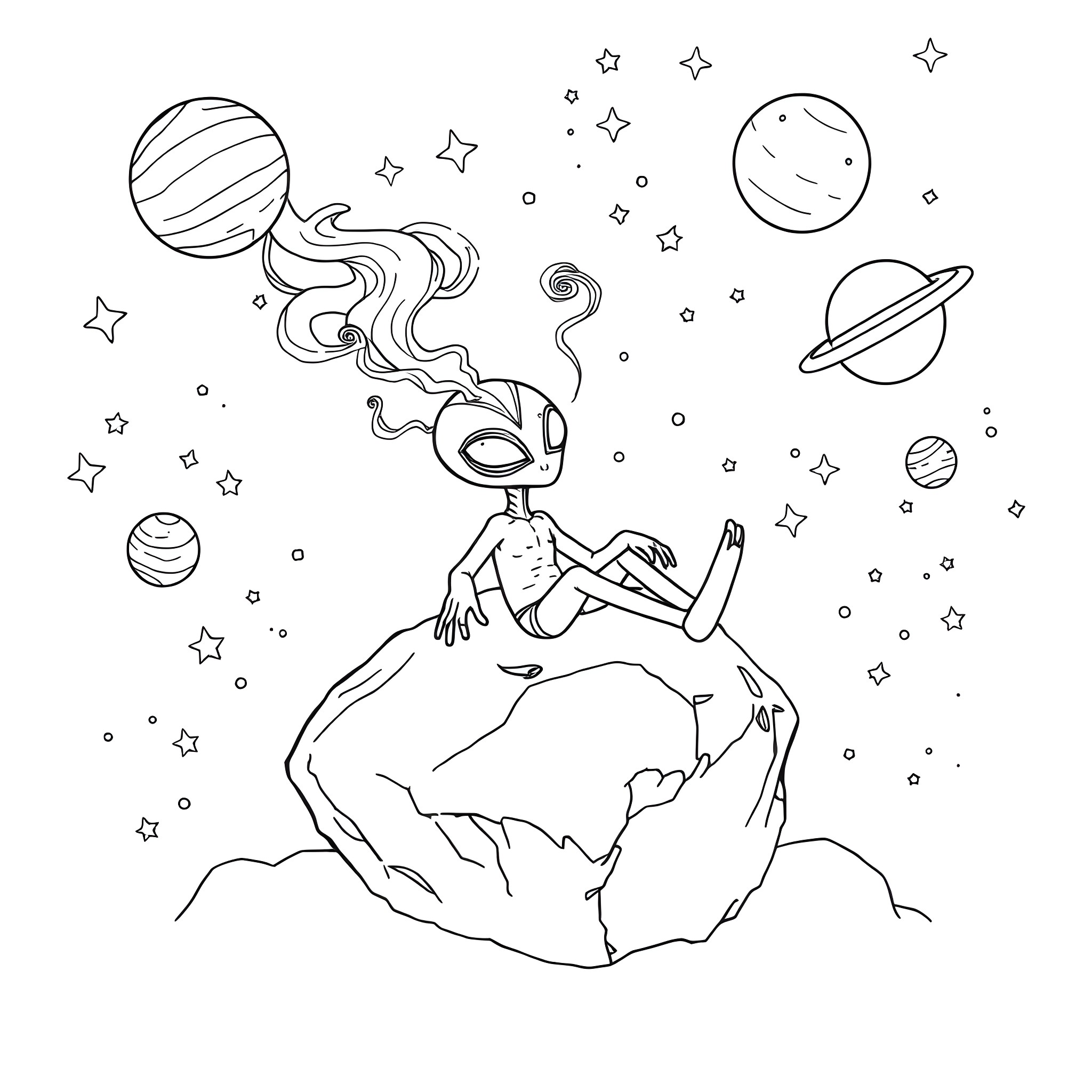 Alien relaxing on a planet among the stars Coloring Page (free black-and-white line drawing printable PDF for all, from beginners to advanced learners, including children, teens, adults, and seniors)