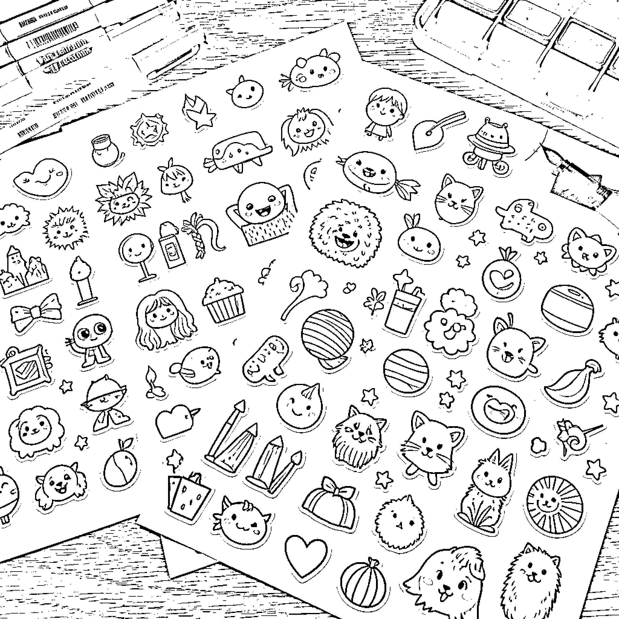 Sticker Sheet with Cute Cartoon Characters and Symbols Coloring Page (free black-and-white line drawing printable PDF for all, from beginners to advanced learners, including children, teens, adults, and seniors)