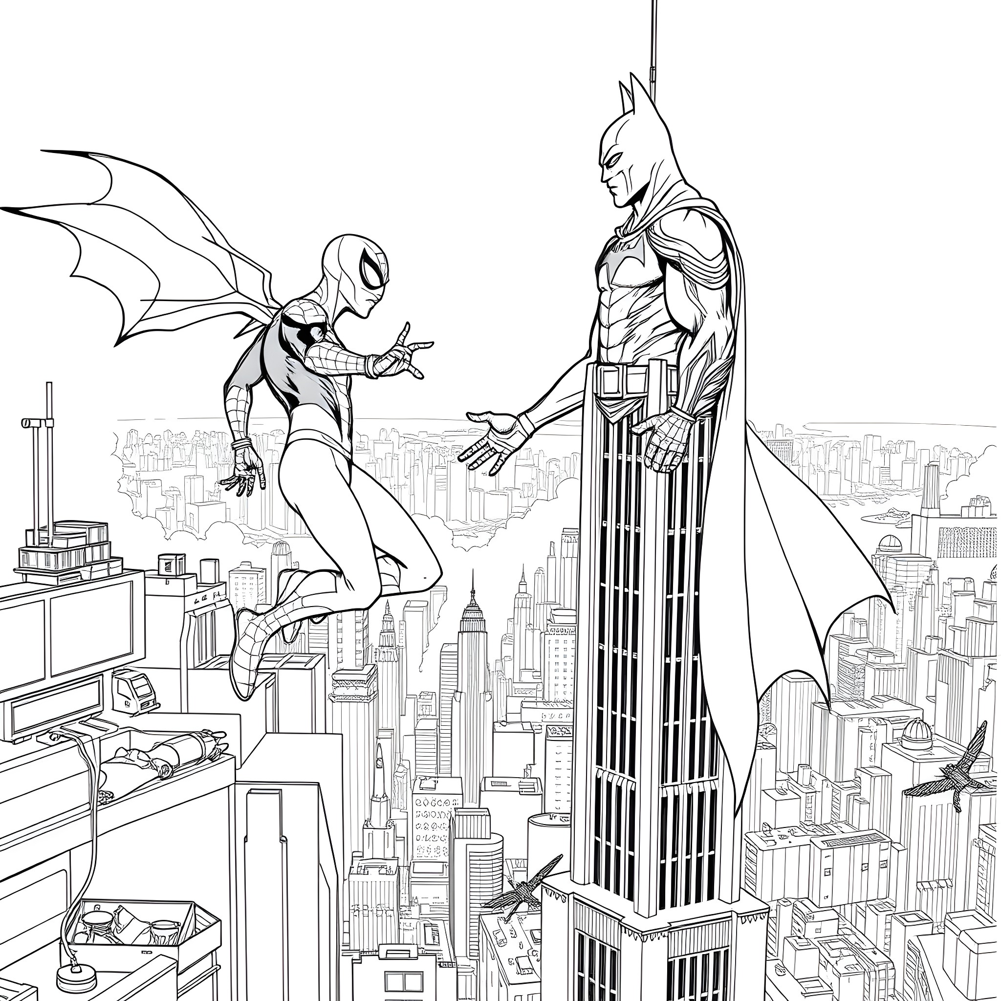 Spiderman and Batman face off in the city Coloring Page (free black-and-white line drawing printable PDF for all, from beginners to advanced learners, including children, teens, adults, and seniors)
