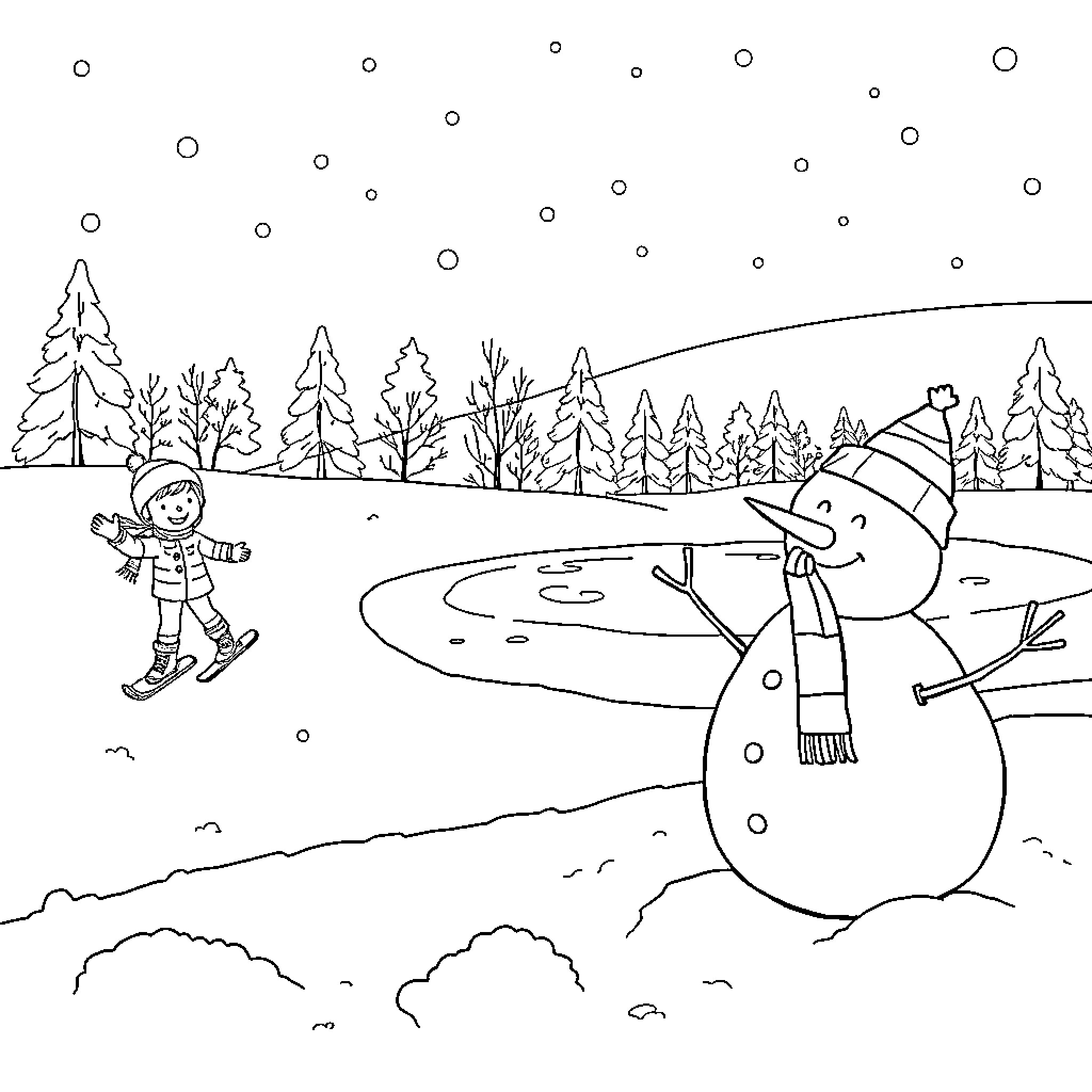 Winter Fun in the Snowy Wonderland Coloring Page (free black-and-white line drawing printable PDF for all, from beginners to advanced learners, including children, teens, adults, and seniors)
