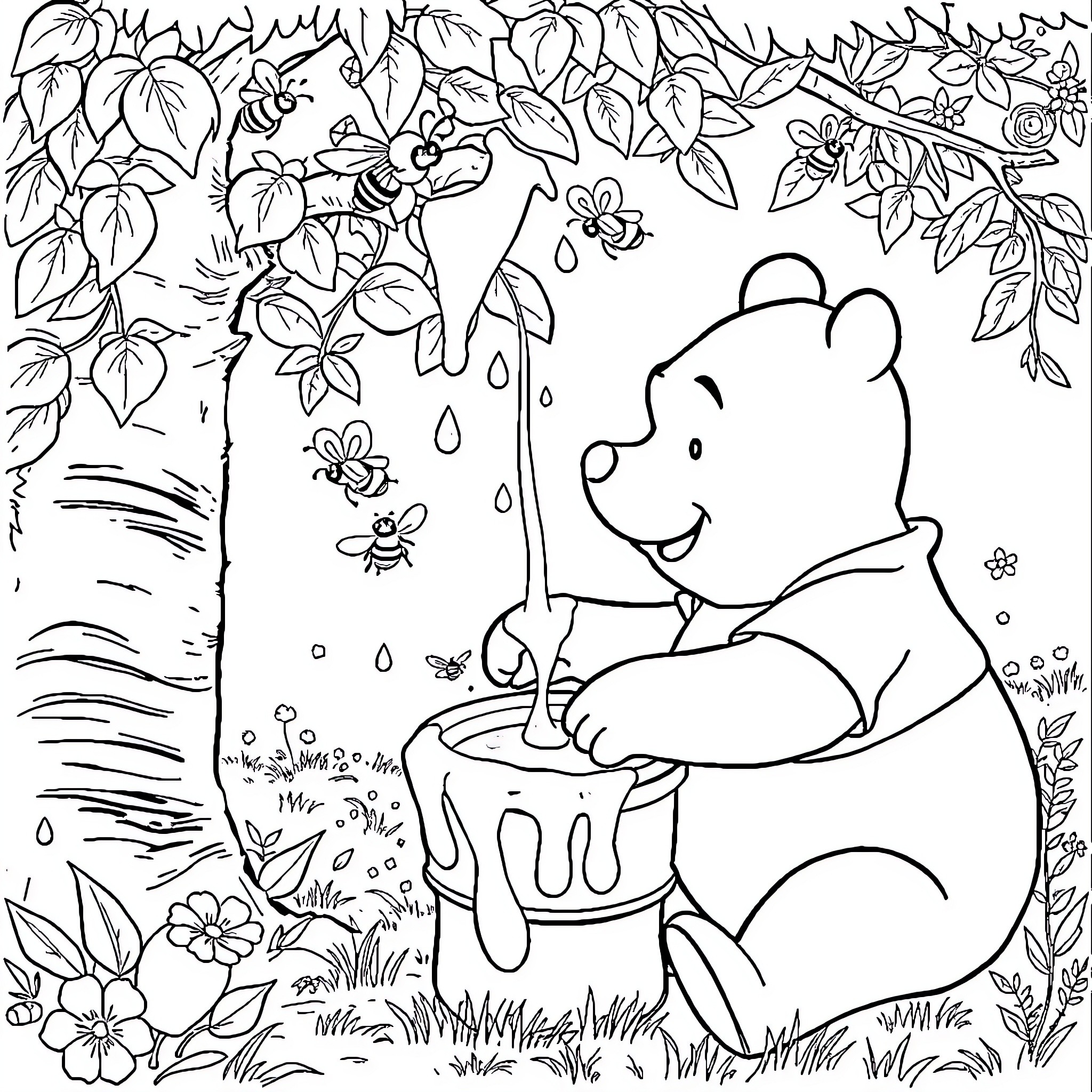 Winnie The Pooh enjoying a rainy day in the garden Coloring Page (free black-and-white line drawing printable PDF for all, from beginners to advanced learners, including children, teens, adults, and seniors)