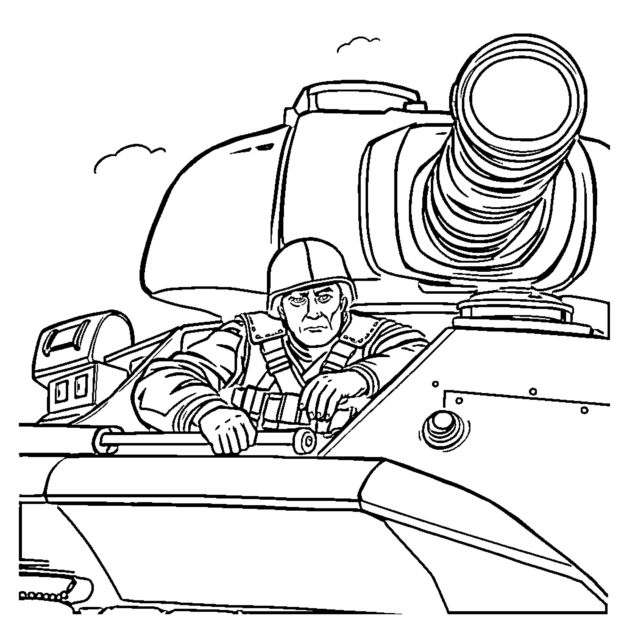 Tank with armed soldier in the battlefield Coloring Page (free black-and-white line drawing printable PDF for all, from beginners to advanced learners, including children, teens, adults, and seniors)